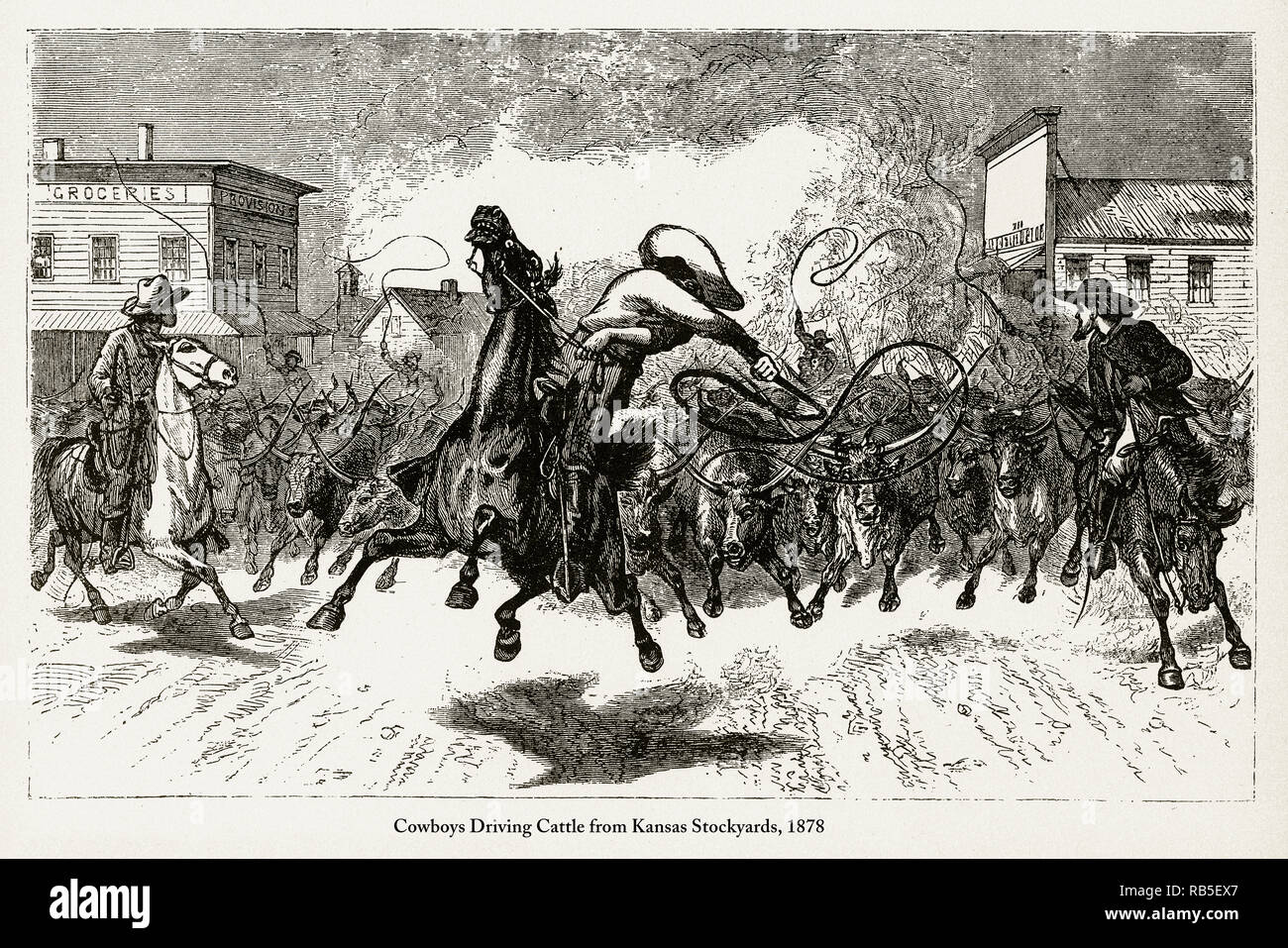 Conduire le bétail de Kansas Cowboys à bestiaux, Early American gravure, 1878 Banque D'Images