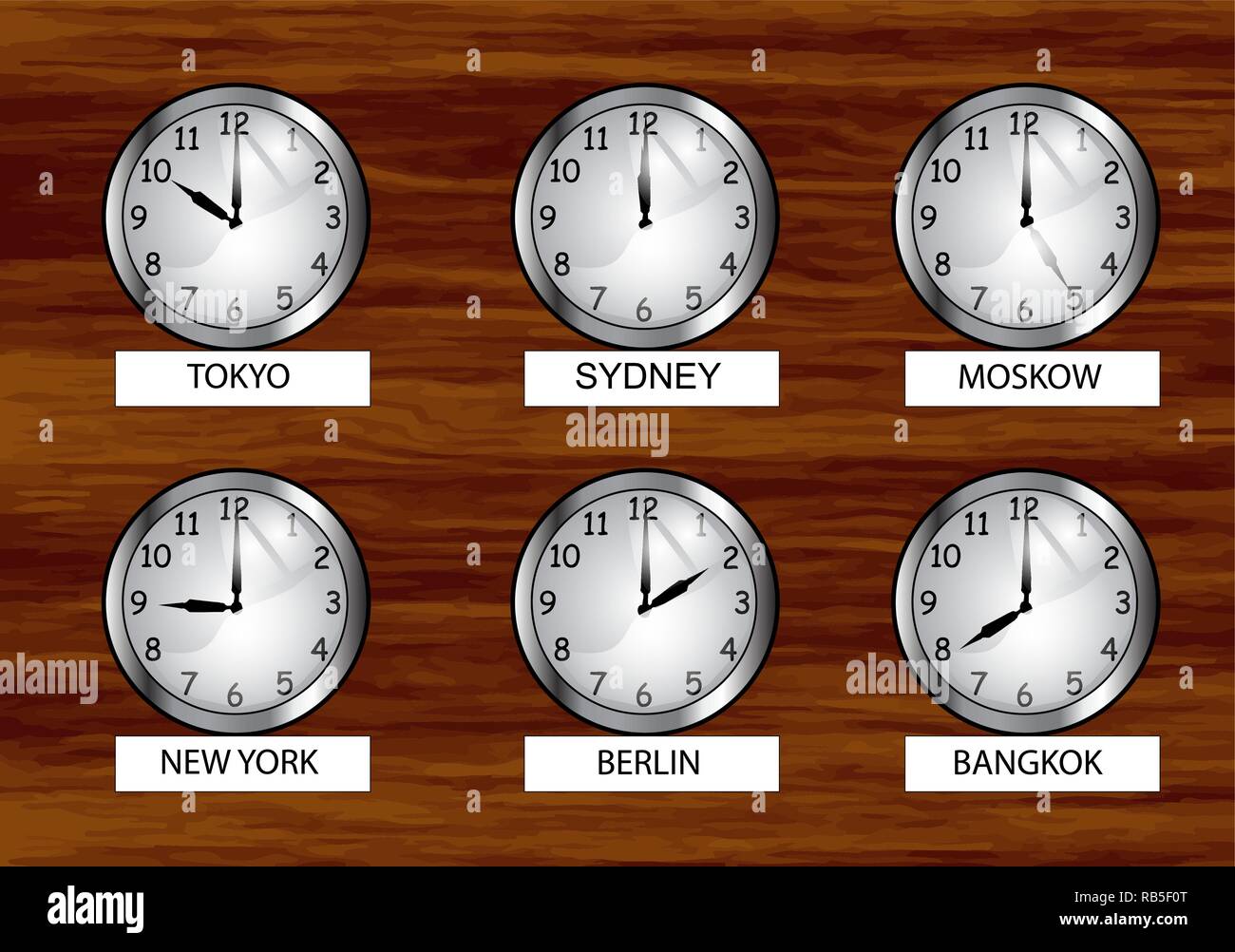 L'horloge mondiale. différents fuseaux horaires horloge sur le mur en bois  Image Vectorielle Stock - Alamy