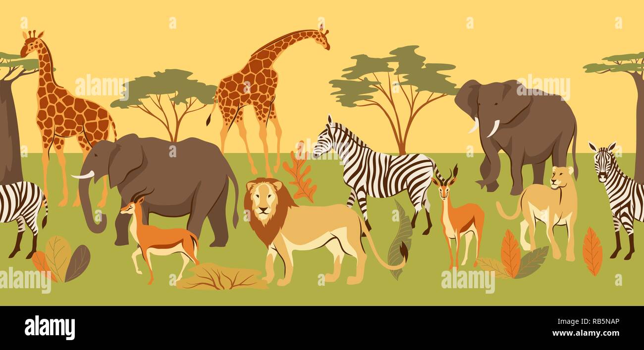 Modèle sans couture avec savane africaine les animaux. Illustration de Vecteur