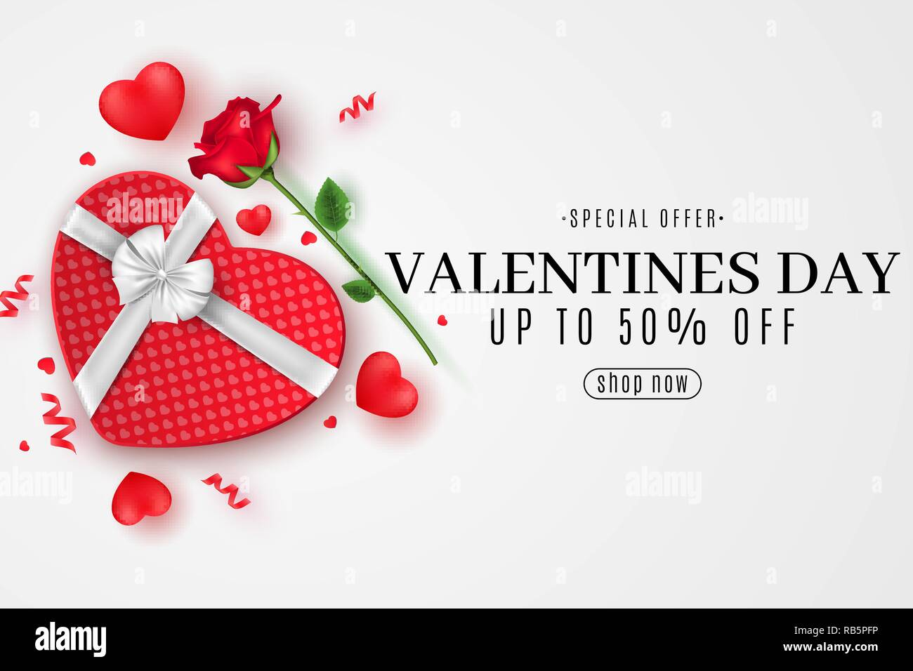 Bannière web Saint-valentin pour la vente. Vue d'en haut. Composition romantique avec boîte-cadeau de coeur et fleur rose. Offre spéciale. Design pour votre entreprise. S Illustration de Vecteur