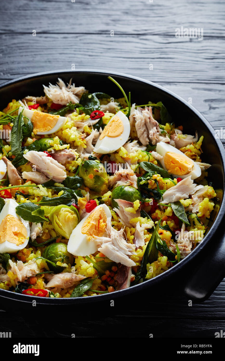 Kedgeree délicieux avec le poisson fumé émietté, œufs durs, du riz, chou frisé, chou de Bruxelles, les épices et les herbes dans une cocotte sur une table en bois noir, v Banque D'Images