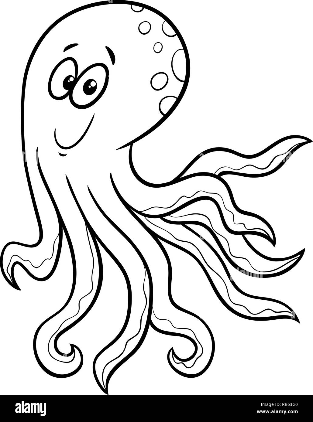 Cartoon noir et blanc Illustration de poulpe drôle personnage animal mer Coloring Book Illustration de Vecteur