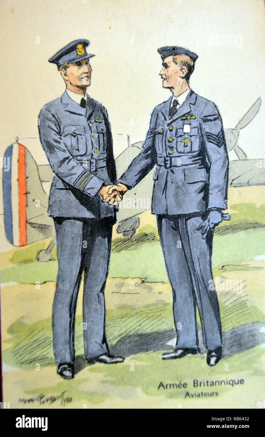 Les pilotes de la Royal Air Force britannique se tenir à côté d'un avion de chasse français en France au cours de la bataille de France 1940 Banque D'Images