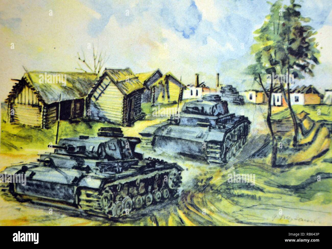 Carte postale montrant une armée allemande panzer tank corps déménagement en Pologne Banque D'Images