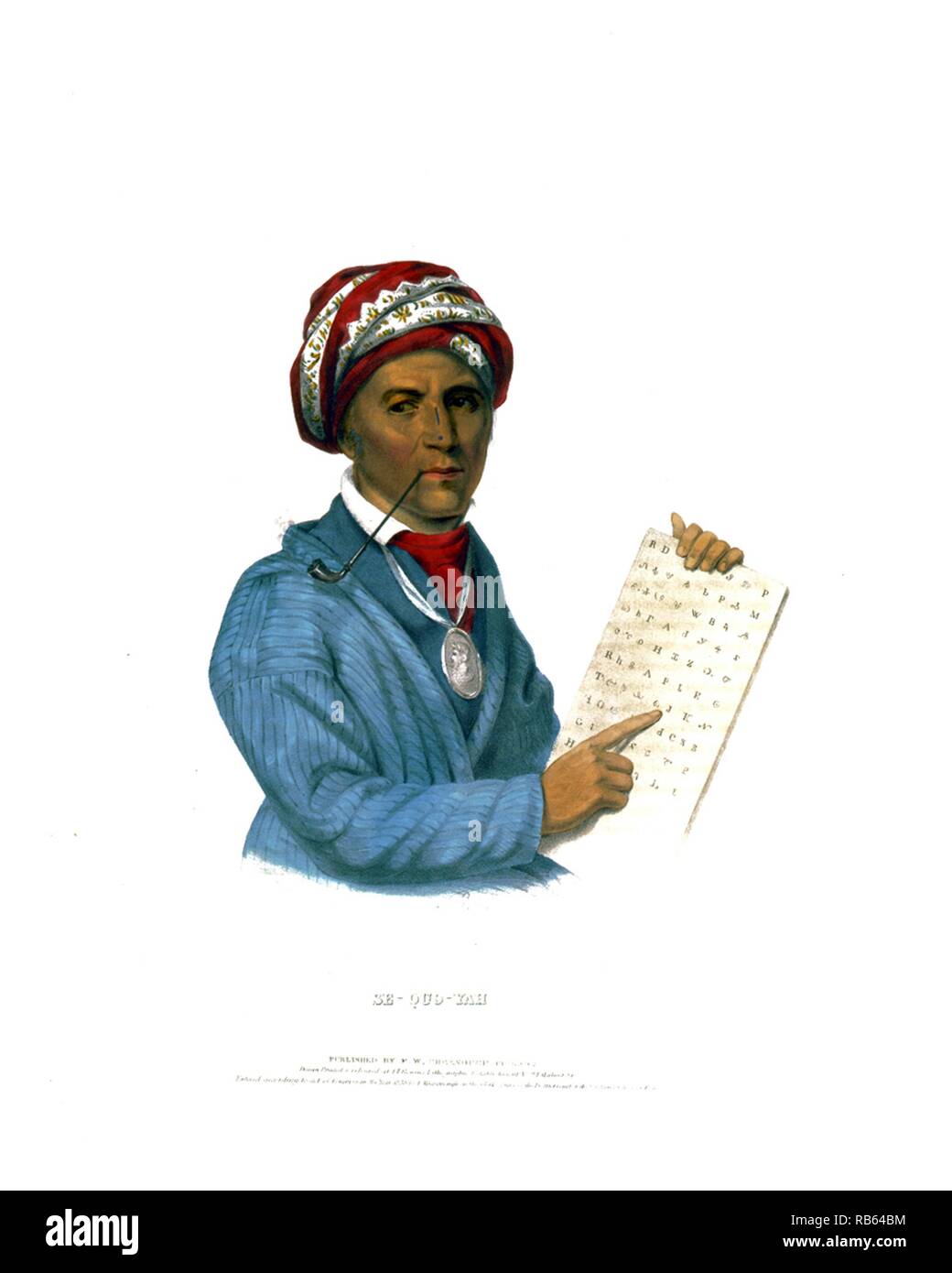 Se-Quo-yah par John Bowen, environ 1801-1856. c1838. lithographie, colorées à la main. Imprimer montre Se-Quo-Yah, half-length portrait, assis, faisant face à droite, en maintenant l'alphabet Cherokee. Banque D'Images