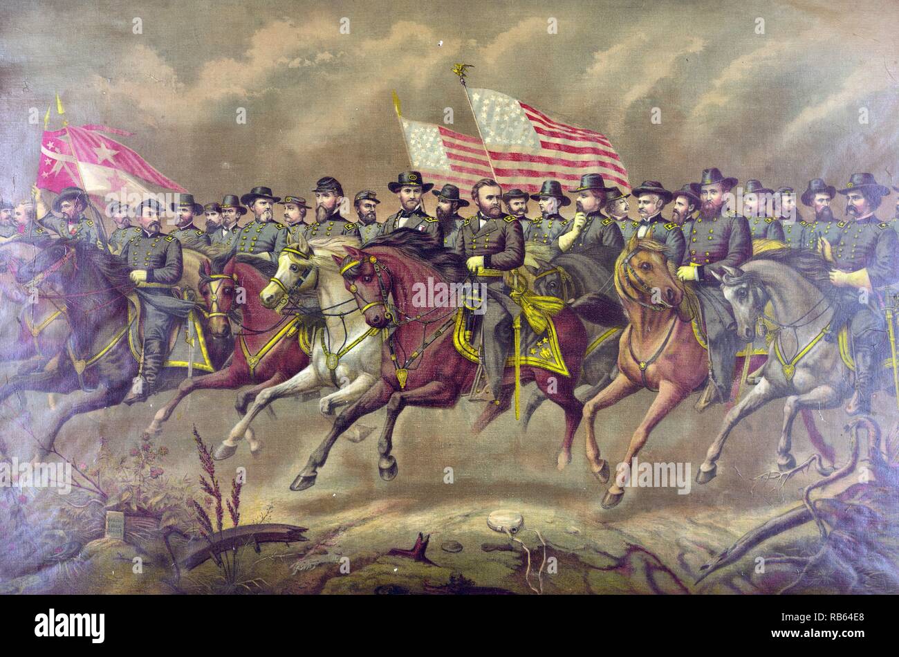 Impression couleur représentant le président Ulysses S. Grant et ses généraux à cheval. Créé par E. Boell. Datée 1865 Banque D'Images