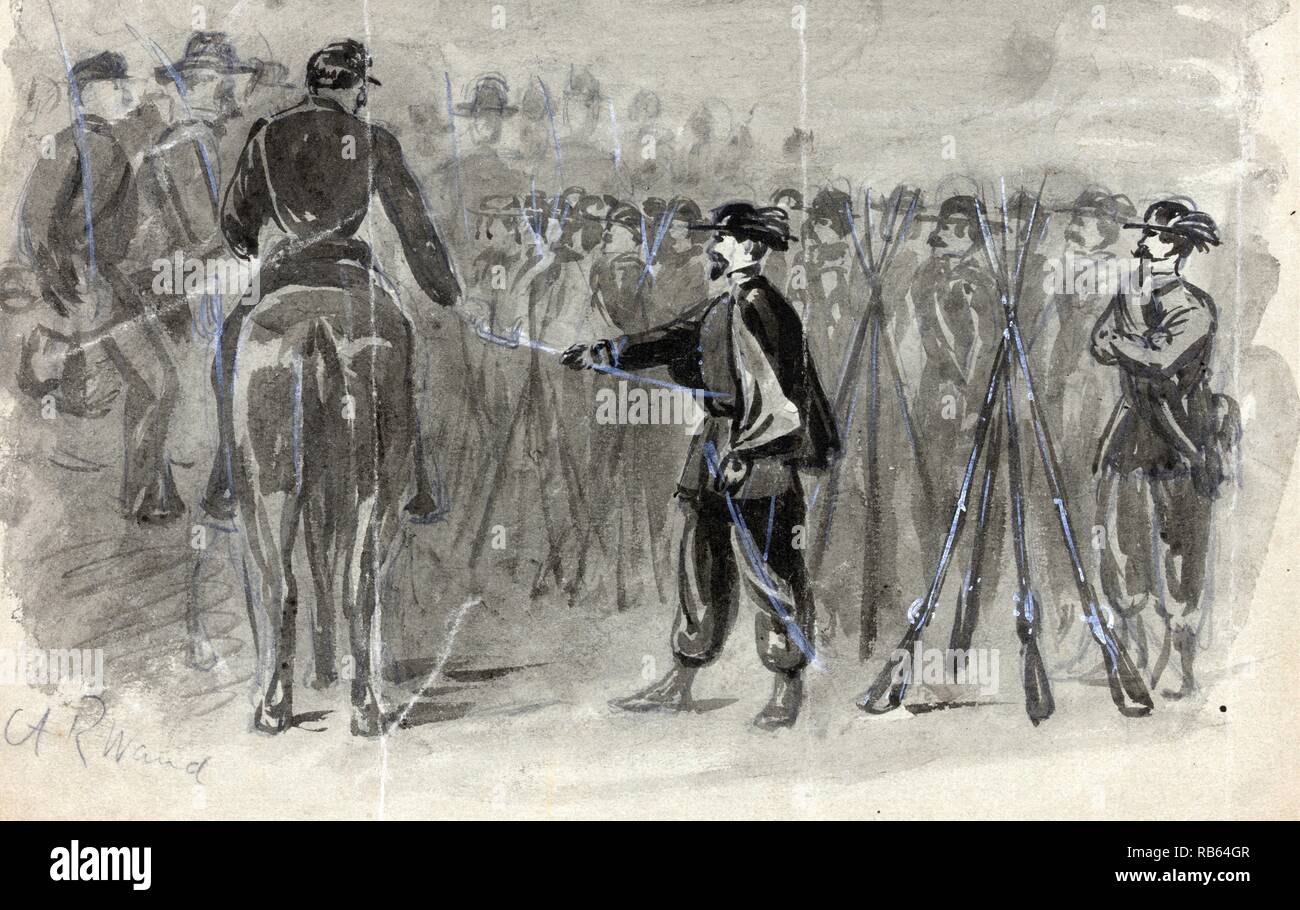 Schenks régiments de l'Ohio par Alfred Waud, 1828-1891. 1861 Le Corps de l'Ohio, près de Vienne, dans une vallée à travers laquelle court le fer, sur lequel l'escarmouche a eu lieu, un beau et romantique, mais à peine une position sûre contre la surprise, dans l'avant-plan est une partie du scoutisme à la recherche d'sécessionnistes d'une grande partie de cette partie de la Virginie semble être de bonnes terres agricoles beaucoup de blé et autres céréales en cours de croître Banque D'Images