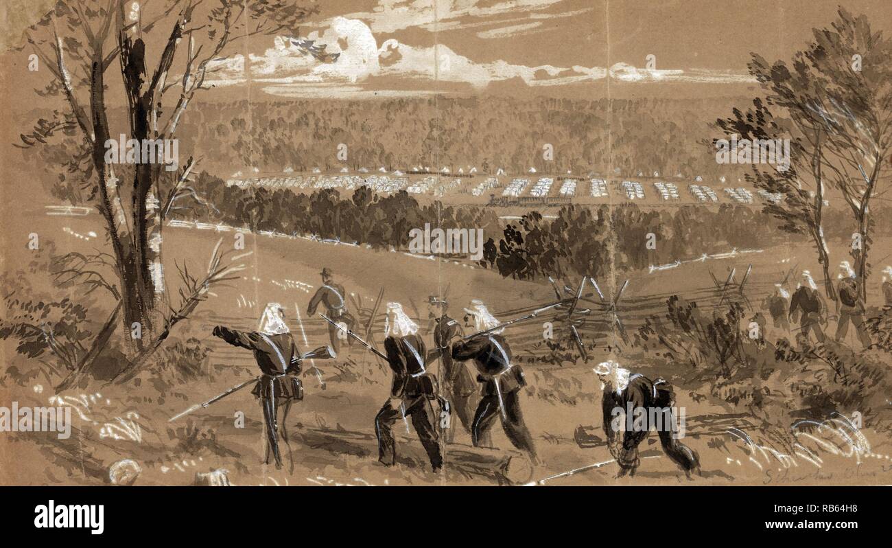 Schenks régiments de l'Ohio par Alfred Waud, 1828-1891, l'artiste. Publié le Corps 1861l'Ohio, près de Vienne, dans une vallée à travers laquelle court le fer, sur lequel l'escarmouche a eu lieu, un beau et romantique, mais à peine une position sûre contre la surprise, dans l'avant-plan est une partie du scoutisme à la recherche d'sécessionnistes d'une grande partie de cette partie de la Virginie semble être de bonnes terres agricoles beaucoup de blé et autres céréales cultivées Banque D'Images