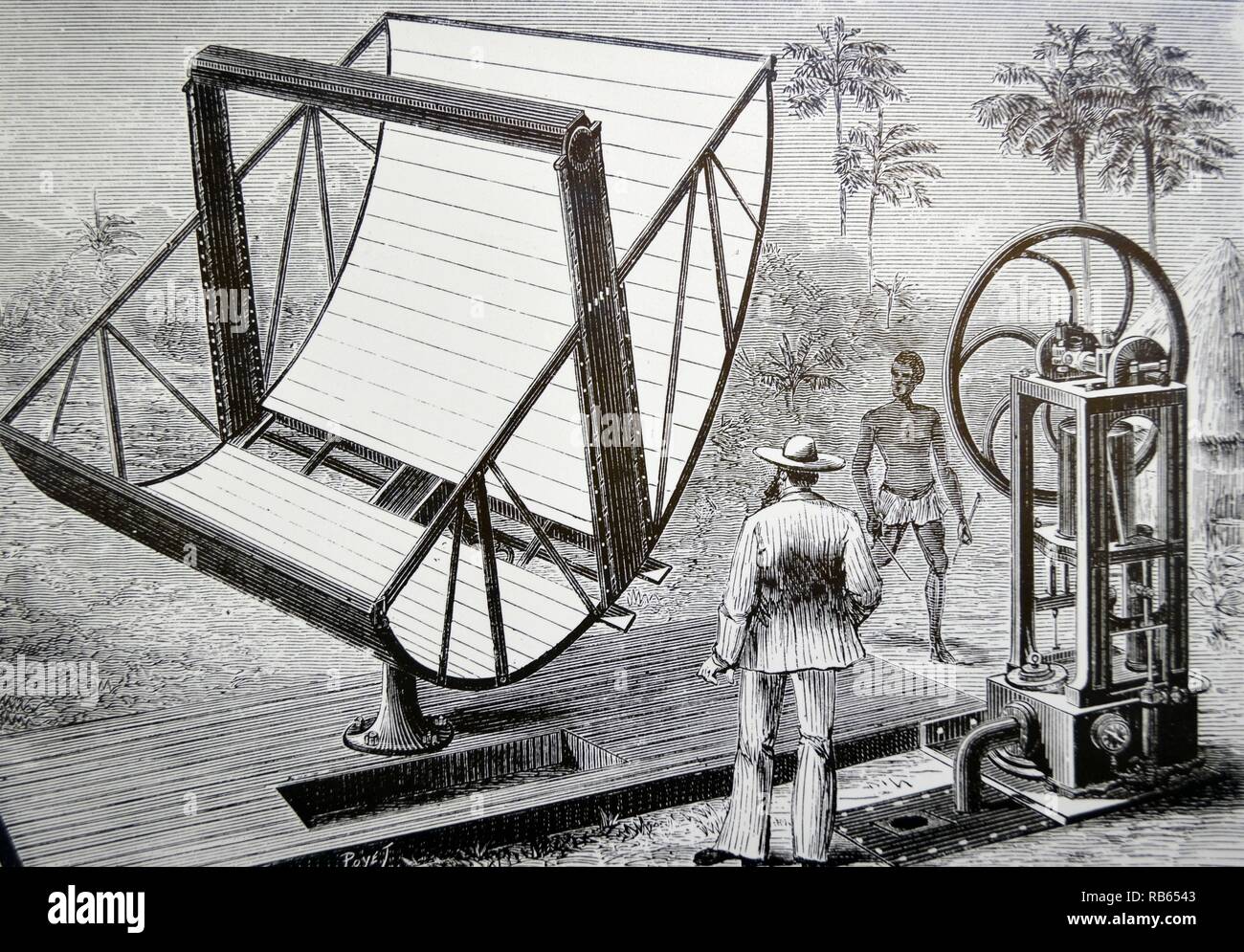 L'inventeur américain/suédois John Ericsson's machine, 1883, qui a utilisé des plaques de verre argenté avec réflecteur pour refléter la chaleur du soleil sur le cylindre contenant de l'eau pour produire de la vapeur pour entraîner une pompe. Gravure tirée de ''La Nature'', Paris, 1884. Banque D'Images