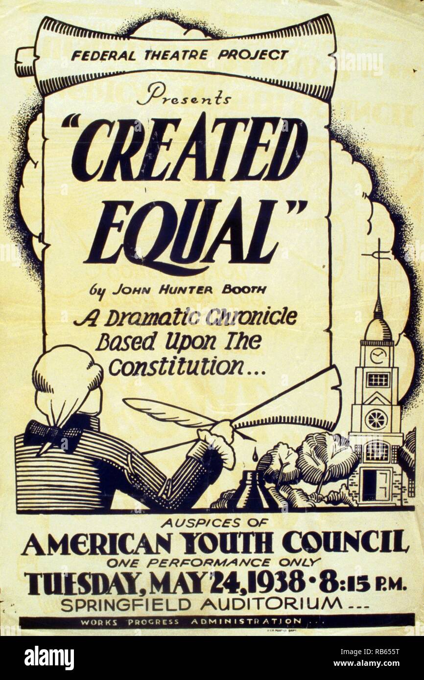 Pour l'affiche de présentation du projet théâtre fédéral 'égaux' à l'Auditorium de Springfield. Écrit par John Hunter Stand la play est une chronique dramatique fondée sur la Constitution. Banque D'Images