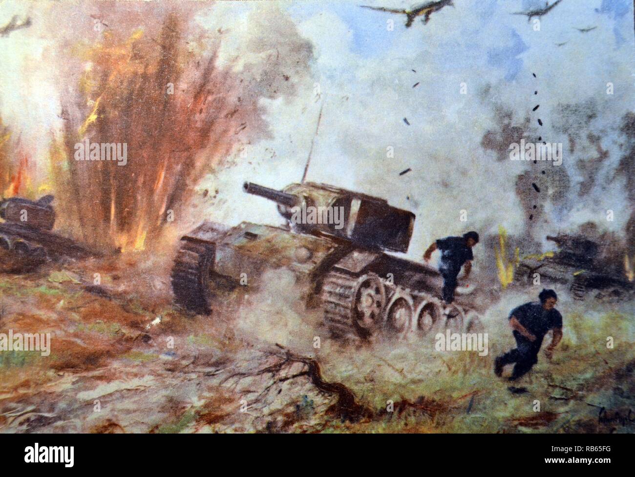 L'allemand seconde guerre mondiale Carte postale montrant une attaque de stuka allemand avion sur des chars russes Banque D'Images
