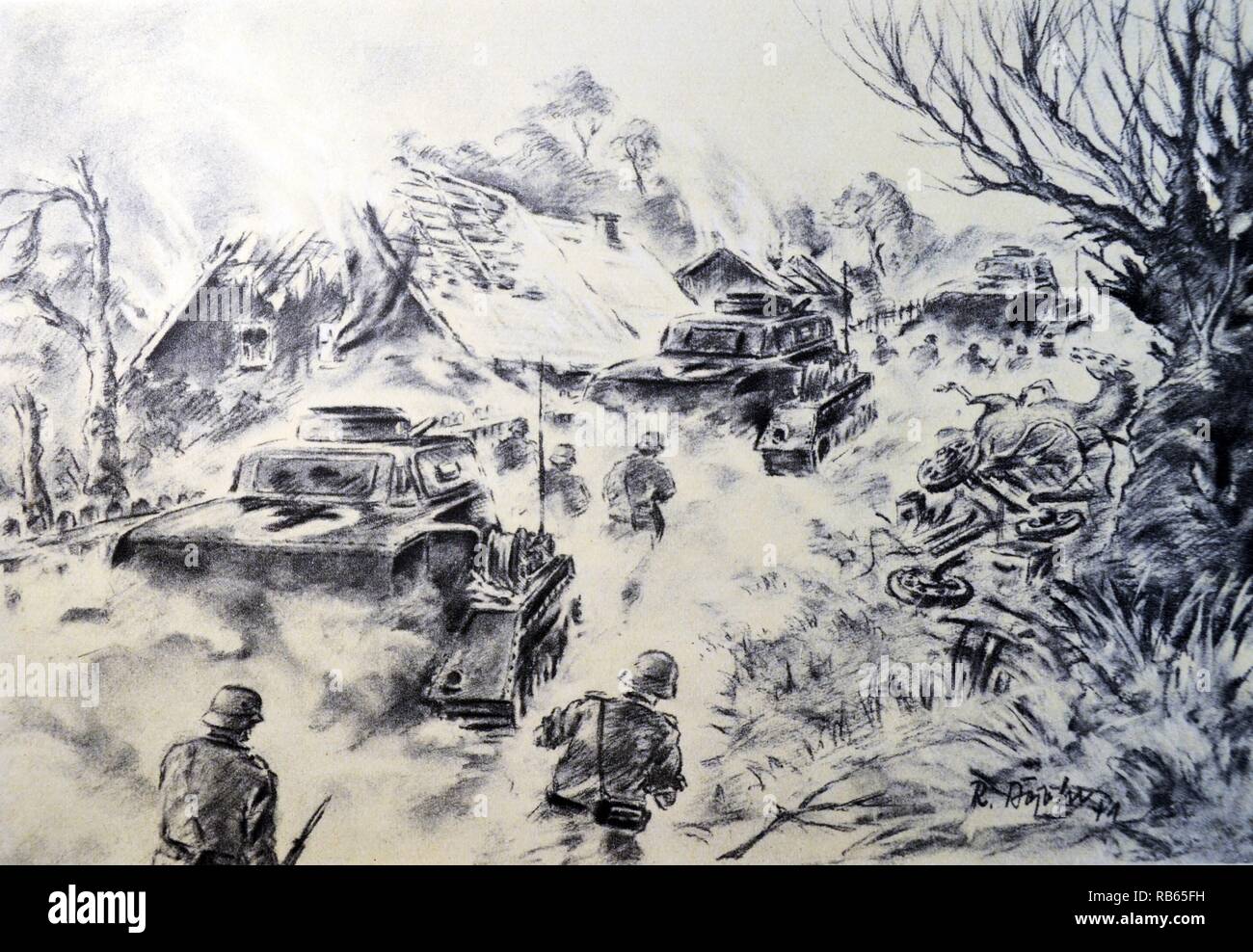 L'allemand seconde guerre mondiale Carte postale montrant une attaque de chars allemands et des troupes en Russie Banque D'Images