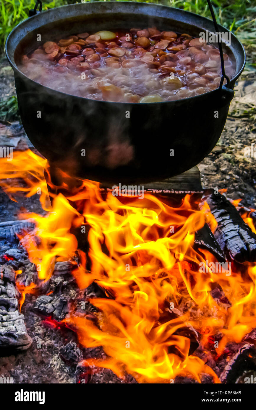 Cuisson de la soupe dans la combustion de chaudière en fonte sur feu de  camp. Pot avec de la soupe sur le feu ouvert à l'extérieur. Tourisme à la  Lettonie. Cuisson de
