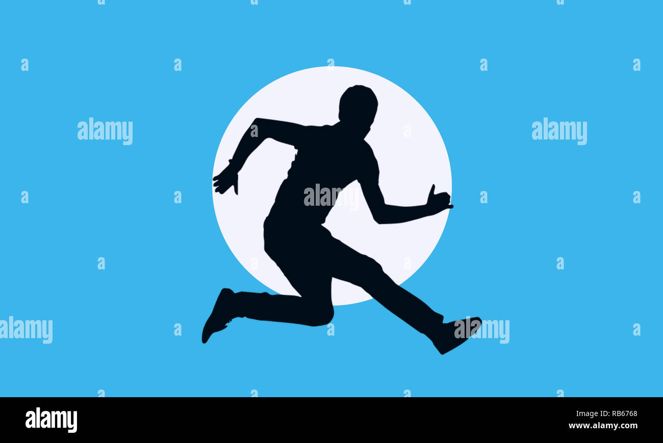 Homme Running⁣ avec illustration fond bleu élégant et image de l'ombre avec une profonde clarté,la meilleure utilisation de l'INTERFACE UTILISATEUR,UX bannière web sports événements promotionnels. Banque D'Images