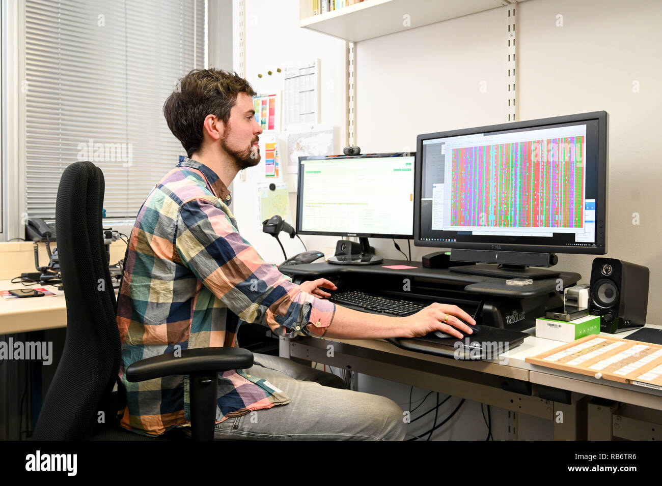 19 décembre 2018, Bavaria, Munich : Jerome Moriniere (l), coordonnatrice du projet à l'État Collection zoologique de Munich, se trouve dans un bureau en face d'un écran sur lequel le code-barres de l'ADN, une séquence d'identification génétique, de divers insectes est illustré en couleur. Dans le code à barres de l'ADN à l'échelle de l'Allemagne, l'équipe de recherche du projet a trouvé plusieurs espèces d'insectes inconnus. (Dpa 'Dark taxons : Des chercheurs découvrent des espèces inconnues à la porte' à partir de 08.01.2019) Photo : Tobias Hase/dpa Banque D'Images