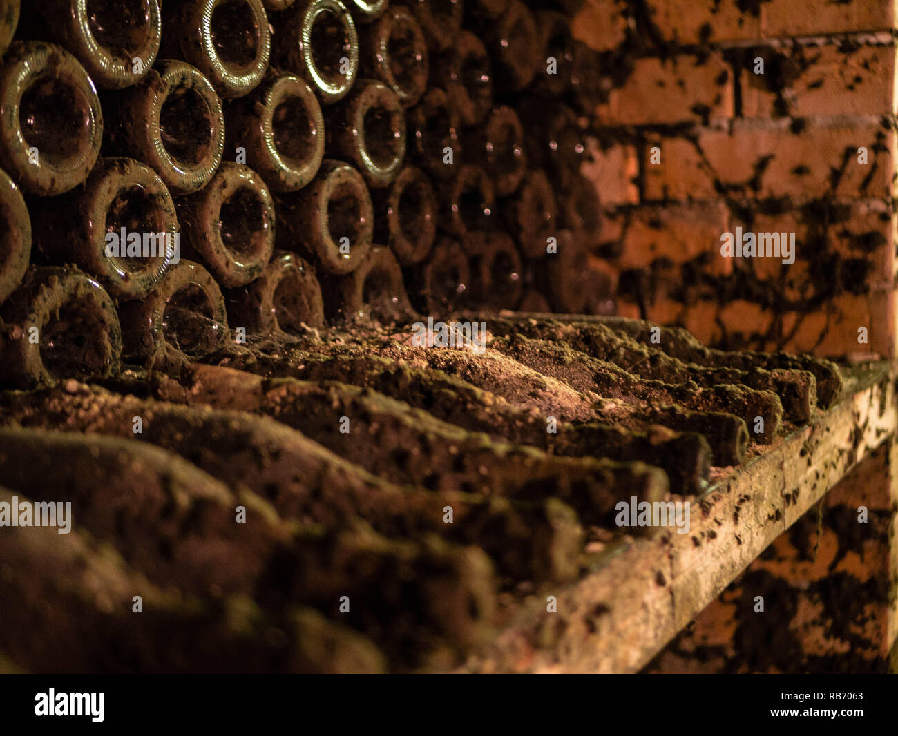 Très vieux bouteilles de vin stocké dans une ancienne cave à vin Banque D'Images