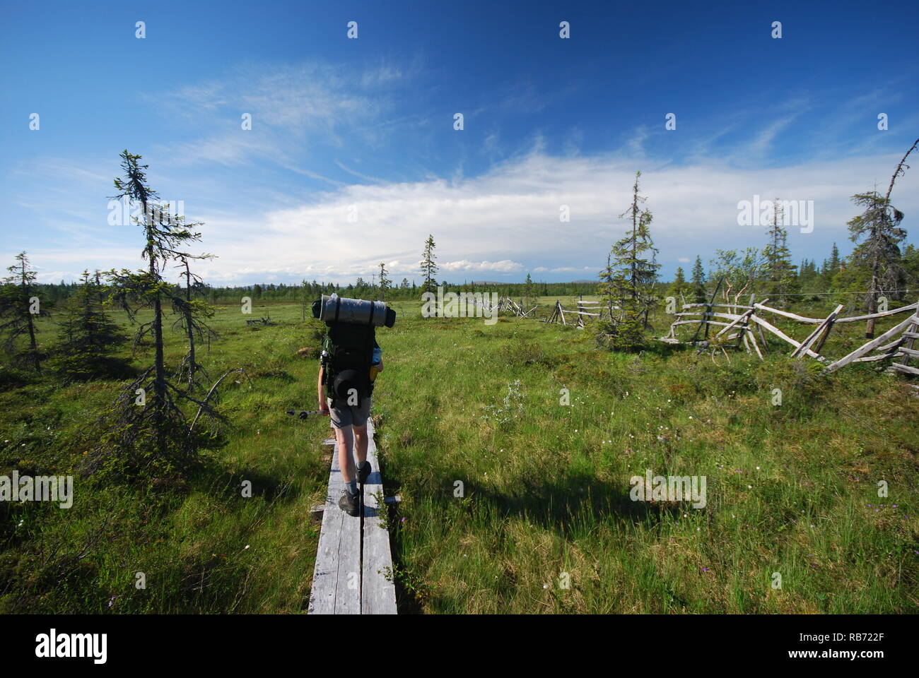 Homme randonnée dans le parc national Urho Kekkonen en Finlande. Traversez le grand marais Banque D'Images