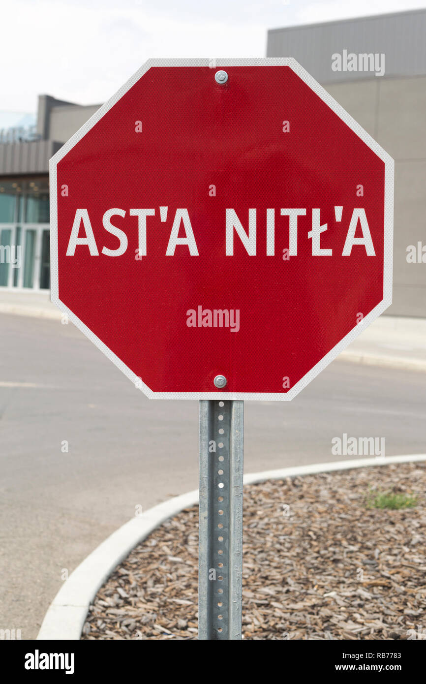 Panneau de stop de langue autochtone Tsuut’ina à Calgary, Alberta, Canada. AST’a Nitl’a Banque D'Images