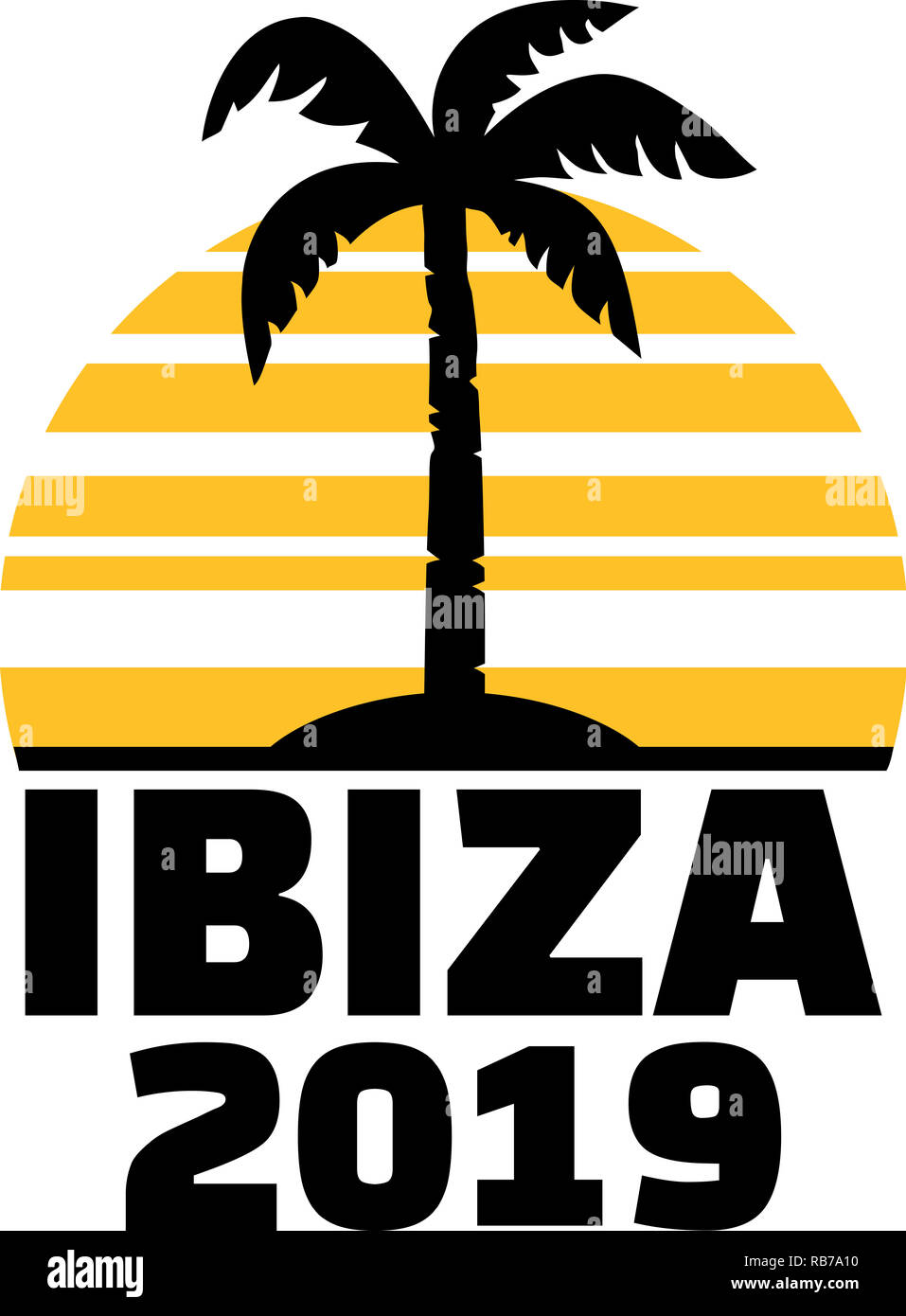 Ibiza 2019 avec palmier et le coucher du soleil Banque D'Images