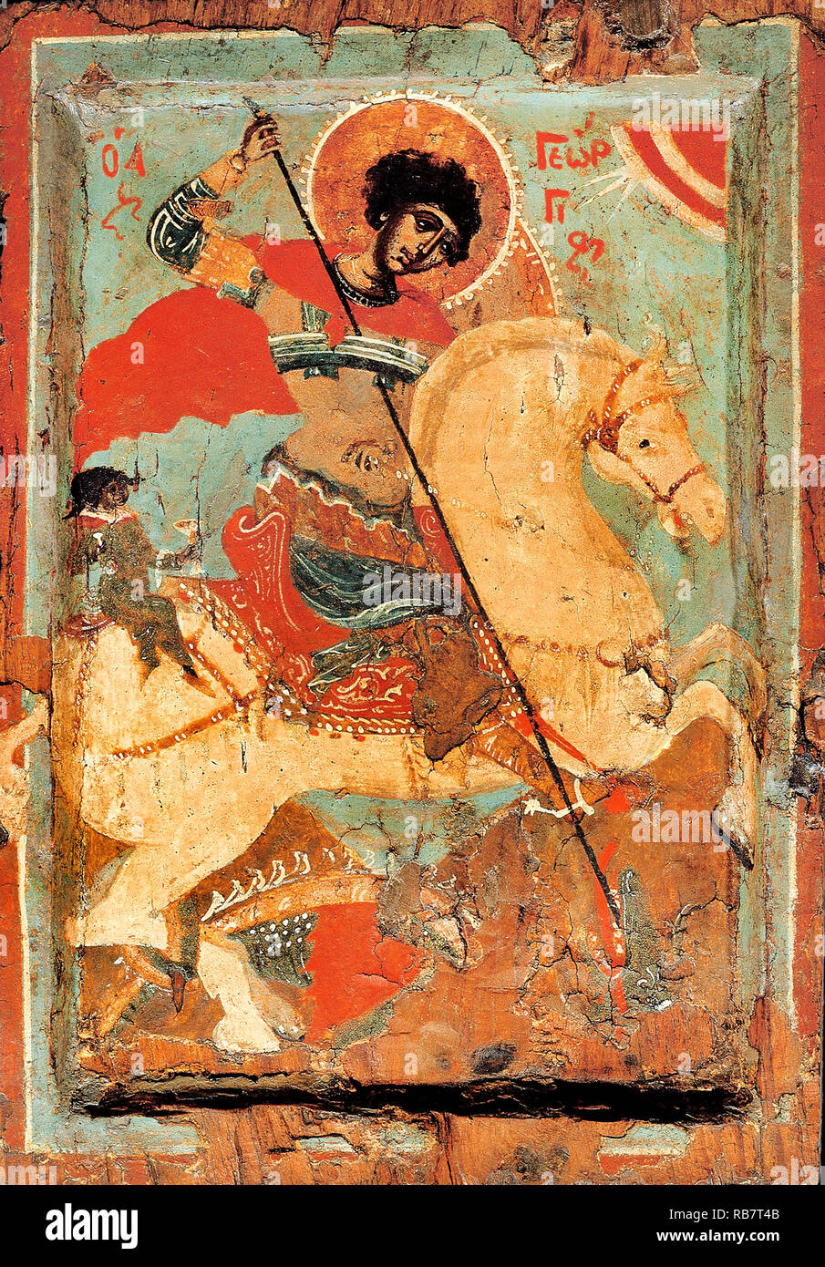 Atelier macédonien, Saint Georges le Dragon-slayer à cheval, vers 1550-1599, l'icône du Musée Benaki, Athènes, Grèce. Banque D'Images