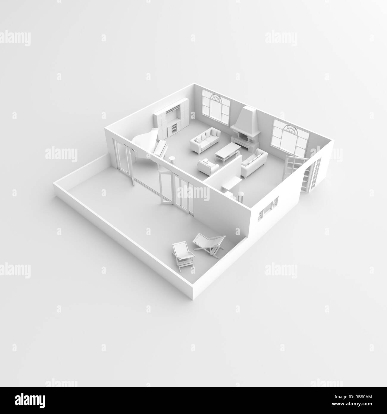 Le rendu 3d intérieur blanc de salle de séjour meublée avec cheminée Banque D'Images
