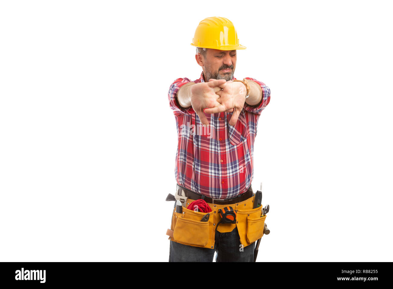 L'accrochage du constructeur les articulations des doigts comme l'étirement pour les durs travaux concept isolated on white background studio Banque D'Images