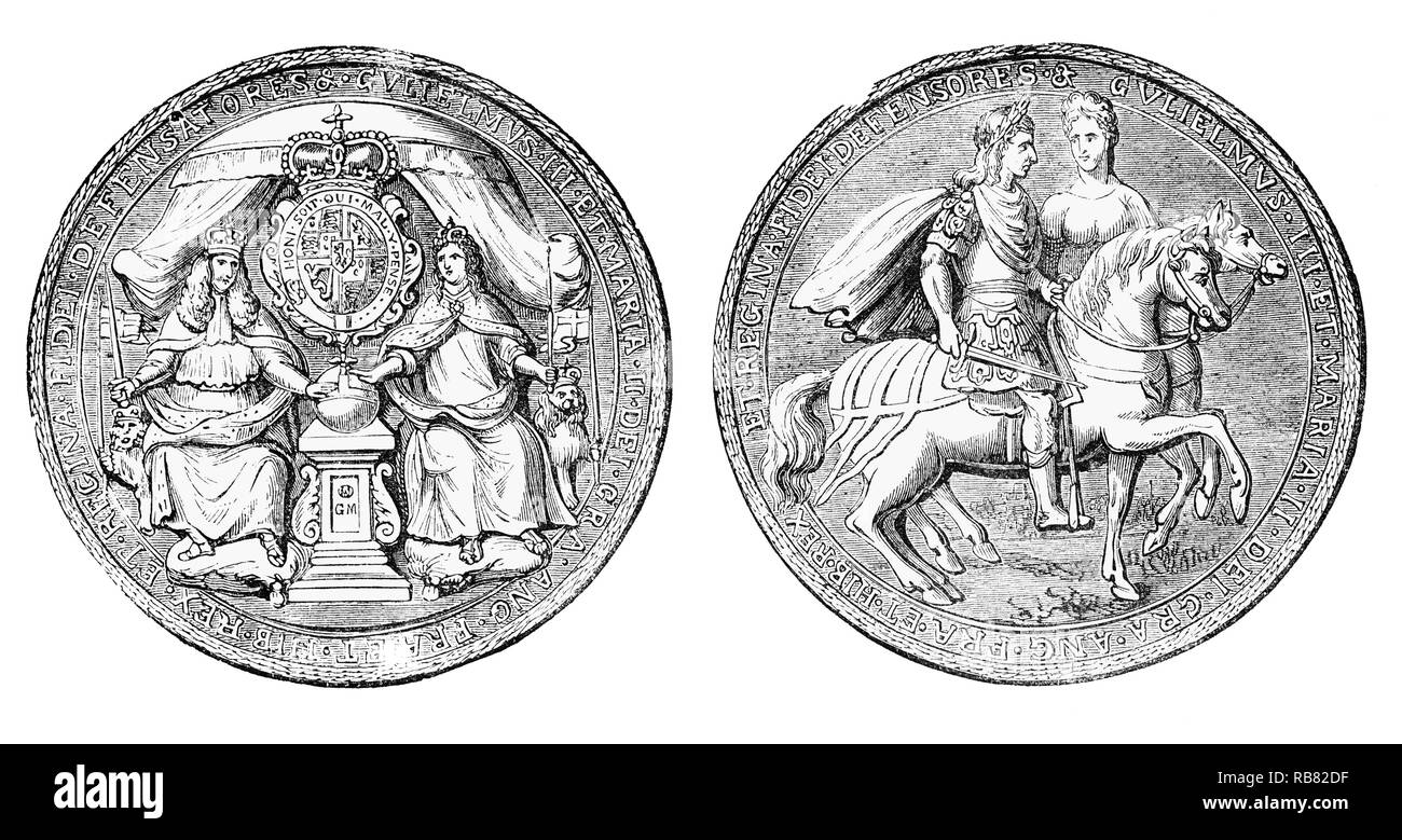 Le Grand Sceau du Royaume, pour montrer l'approbation du monarque d'importants documents de l'État pour les monarques, Guillaume III (1650-1702), également connue sous le nom de Guillaume d'Orange, roi d'Angleterre, l'Irlande et l'Écosse à partir de 1689 jusqu'à sa mort en 1702 et officieusement connu comme 'King Billy'. Et Marie II (1662-1694) a été reine d'Angleterre, d'Écosse et d'Irlande, co-champion avec son mari et cousin, le roi William III jusqu'à sa mort en 1694. L'histoire populaire fait référence à leur règne comme celle de William et Mary qui devint roi et reine à la suite de la Glorieuse Révolution. Banque D'Images