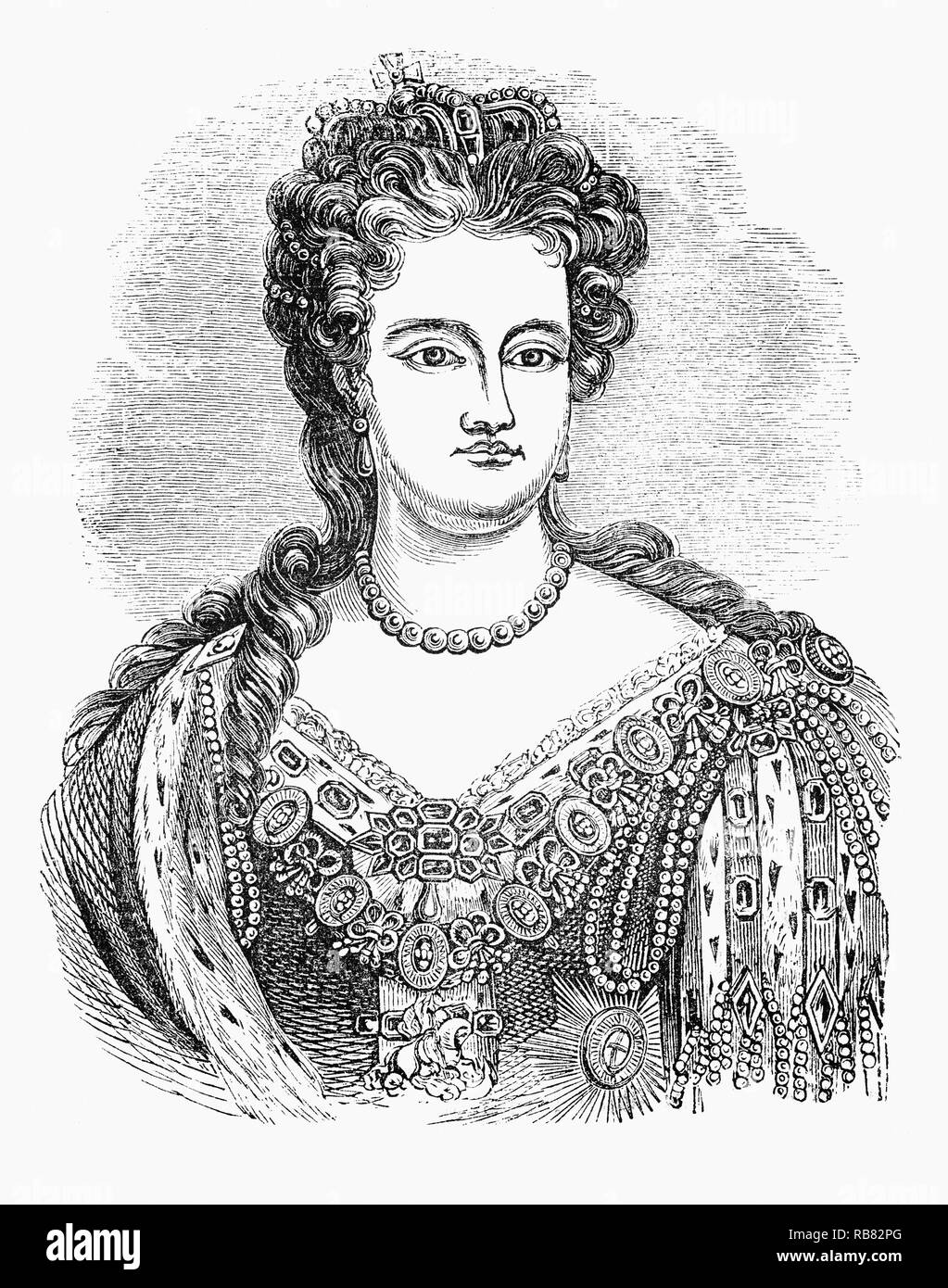 Portrait d'Anne (1665-1714) était la reine de l'Angleterre, l'Écosse et l'Irlande entre le 8 mars 1702 et 1 mai 1707. Le 1er mai 1707, en vertu de l'acte d'Union, deux de ses royaumes, les royaumes d'Angleterre et d'Écosse, unis comme un seul État souverain connu sous le nom de Grande-Bretagne. Elle a continué de régner en reine de Grande-Bretagne et d'Irlande jusqu'à sa mort en 1714. Banque D'Images