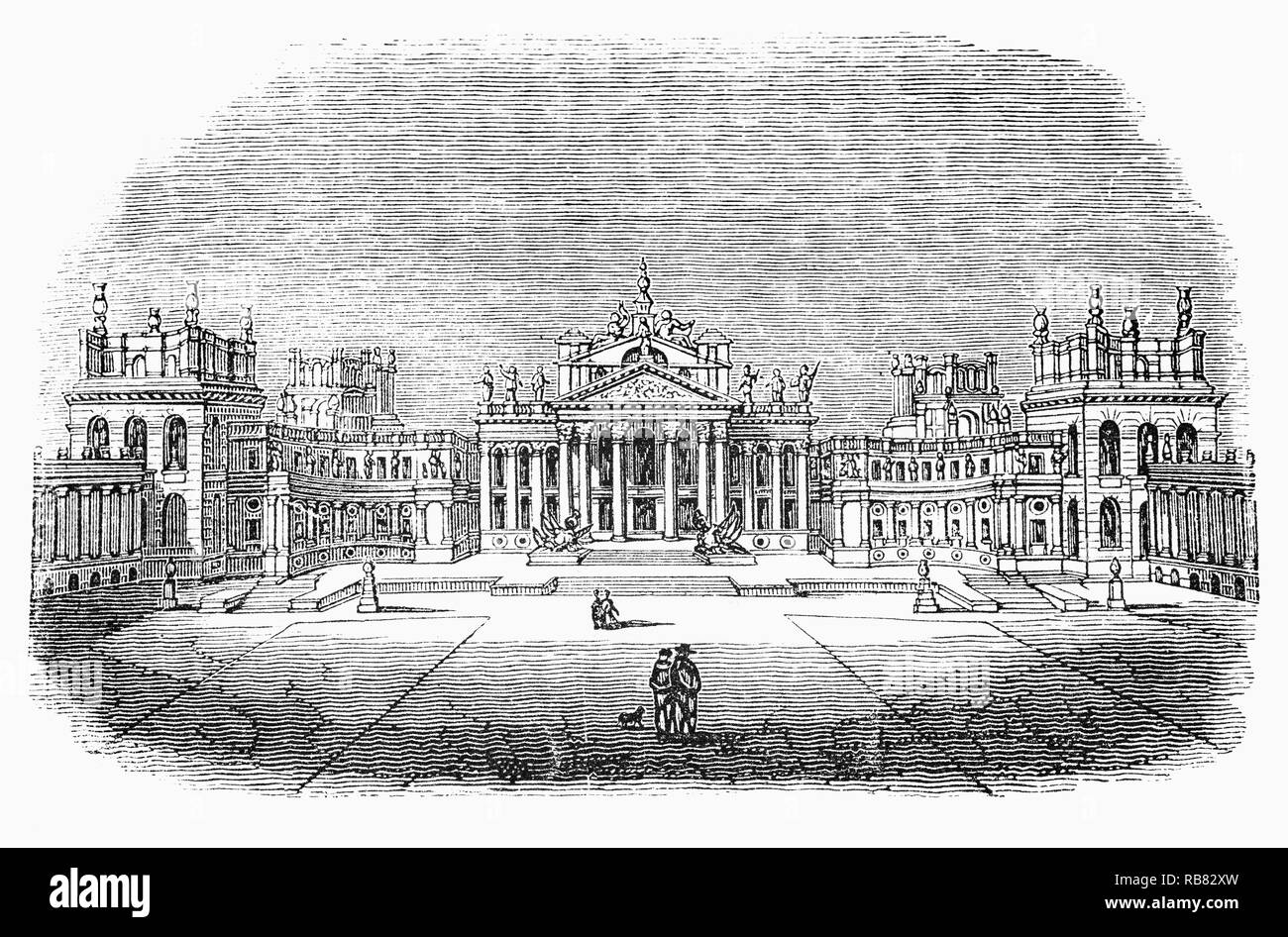 Utres Grande cour de Blenheim Palace, Oxfordshire, Angleterre, Blenheim est la résidence principale des ducs de Marlborough, et le seul non-royal, non, maison épiscopale en Angleterre à détenir le titre de palace. Le palais est nommé d'après le 1704 Bataille de Blenheim en Bavière et était initialement destiné à être une récompense par la reine Anne à John Churchill, 1er duc de Marlborough pour ses victoires militaires contre les Français et bavarois dans la Guerre de Succession d'Espagne, qui ont abouti à la Bataille de Blenheim. Banque D'Images