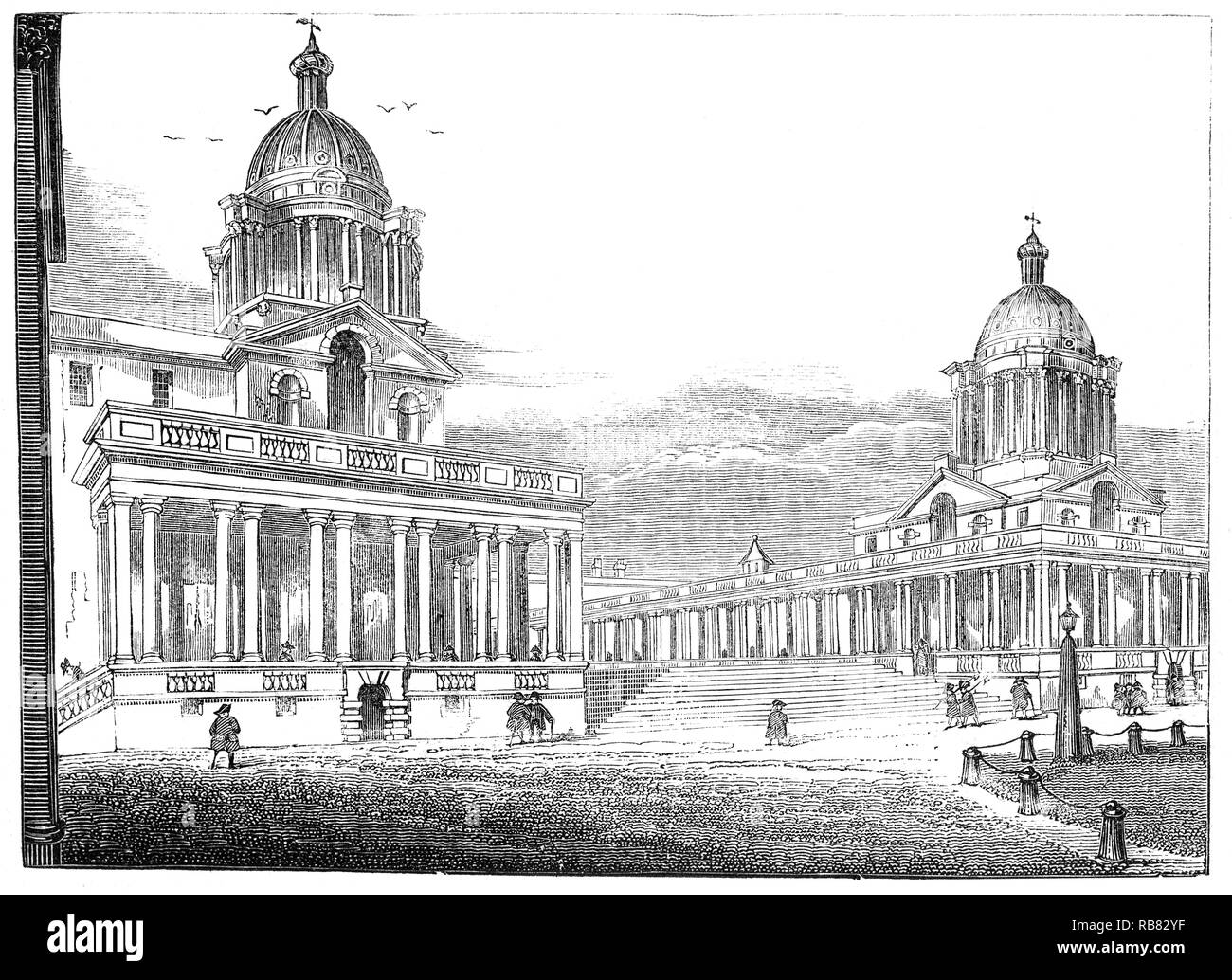 L'hôpital de Greenwich a été créé comme l'Hôpital Royal de Greenwich pour les marins embarqués sur les instructions de la reine Marie II, qui avait été inspiré par la vue des marins blessés de retour de la bataille de la Hougue en 1692. Elle a ordonné à l'aile Roi Charles du palais pour être transformée en un hôpital naval de fournir une contrepartie pour l'hôpital de Chelsea pour les soldats. Sir Christopher Wren et son assistant Nicholas Hawksmoor ont donné leurs services gratuitement en tant qu'architectes du nouvel Hôpital Royal. Sir John Vanbrugh réussi Wren comme architecte, complétant les complexes à Wren's plans d'origine. Banque D'Images