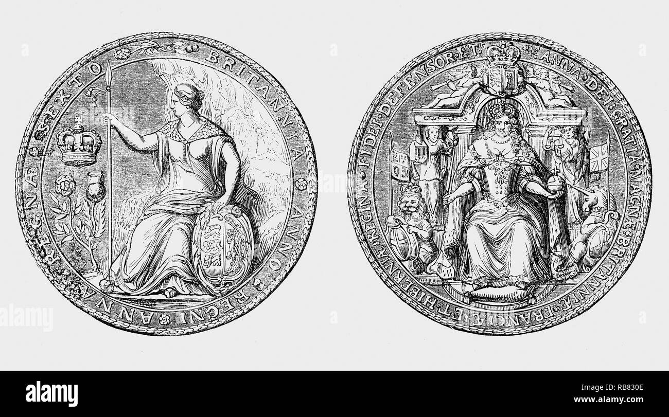 Le Grand Sceau du Royaume, pour montrer l'approbation du monarque d'importants documents de l'État pour Anne (1665-1714), reine d'Angleterre, l'Écosse et l'Irlande entre 8 mars 1702 et 1 mai 1707. Ce sceau a été utilisé après le 1er mai 1707, lorsque, sous l'acte d'Union, deux de ses royaumes, les royaumes d'Angleterre et d'Écosse, unis comme un seul État souverain connu sous le nom de Grande-Bretagne. Elle a continué de régner en reine de Grande-Bretagne et d'Irlande jusqu'à sa mort en 1714. Banque D'Images