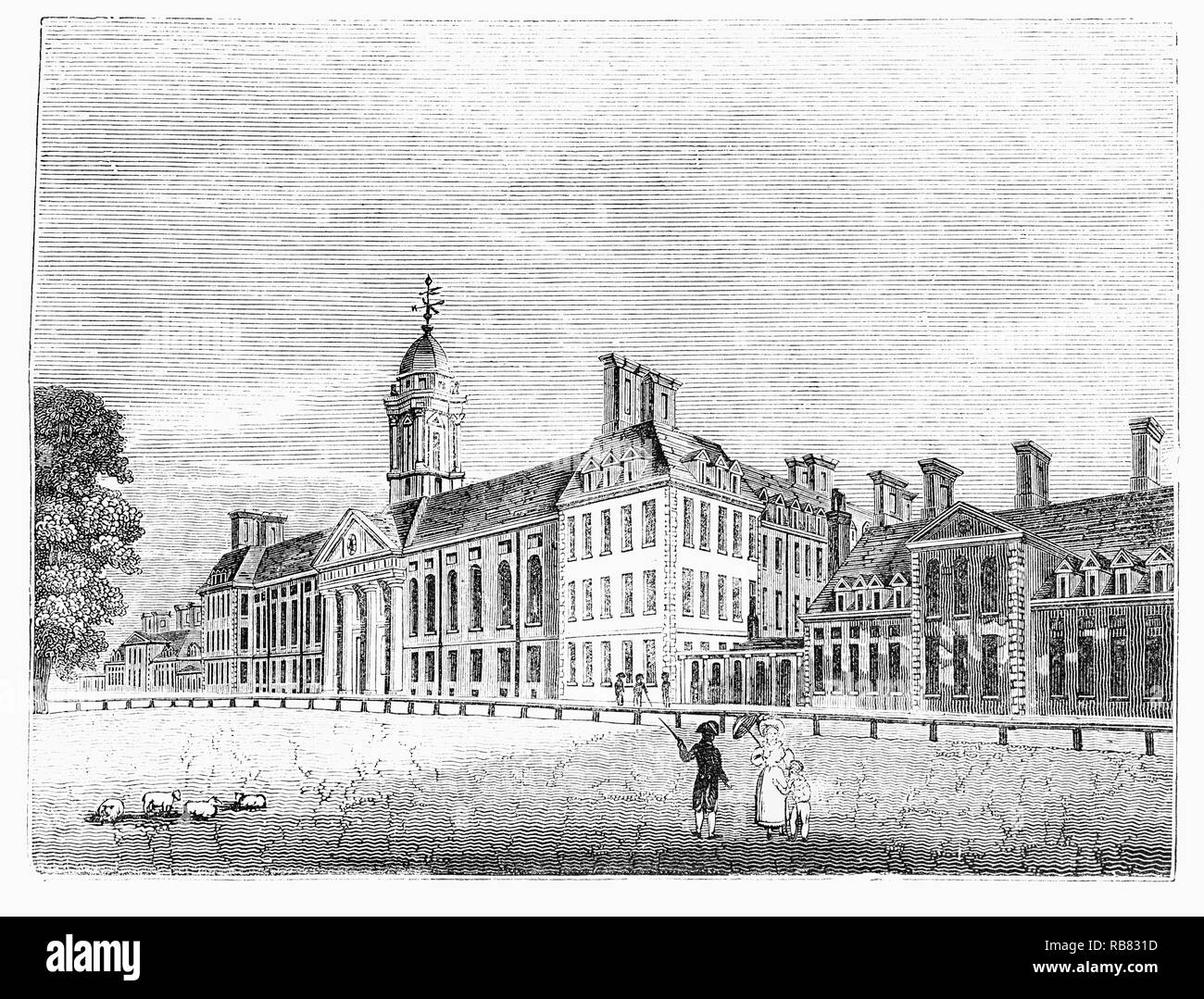 Le roi Charles II a fondé l'Hôpital Royal de 1682 comme une retraite pour les anciens combattants de l'armée, inspirée par les Invalides à Paris. Il a ouvert ses portes à la Chelsea retraités en 1692 et certains des premiers soldats admis inclus ceux qui ont été blessés à la bataille de Sedgemoor. Wren a élargi sa conception originale d'ajouter deux quadrangles à l'Est et l'ouest de la cour centrale ; celles-ci ont été respectivement la Cour du cheval 'lumière' et le 'College' de la Cour. Le bâtiment a été achevé en 1692. Banque D'Images
