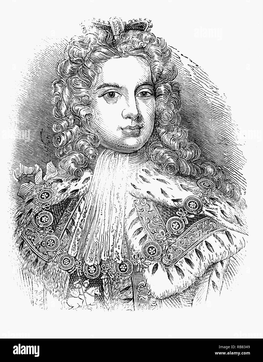 Portrait de George I (1660-1727), né à Hanovre, en Allemagne, le Roi de Grande-Bretagne et d'Irlande de 1 août 1714 jusqu'à sa mort en 1727. À l'âge de 54 ans, après la mort de sa cousine Anne, reine de Grande-Bretagne, George monta sur le trône britannique comme le premier monarque de la Maison de Hanovre. Bien que plus de 50 catholiques romains étaient plus proches de Anne par la primogéniture, l'Act of Settlement de 1701 interdit les catholiques d'hériter du trône britannique, George Anne a vivre plus proche parent Protestant. Banque D'Images