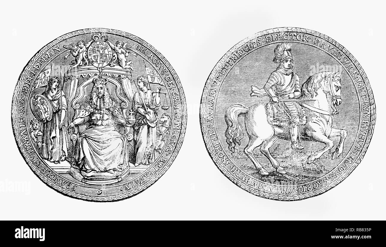Le Grand Sceau du Royaume, pour montrer l'approbation du monarque d'importants documents de l'État de George I (1660-1727), né à Hanovre, en Allemagne, le Roi de Grande-Bretagne et d'Irlande de 1 août 1714 jusqu'à sa mort en 1727. À l'âge de 54 ans, après la mort de sa cousine Anne, reine de Grande-Bretagne, George monta sur le trône britannique comme le premier monarque de la Maison de Hanovre. Bien que plus de 50 catholiques romains étaient plus proches de Anne par la primogéniture, l'Act of Settlement de 1701 interdit les catholiques d'hériter du trône britannique, George Anne a vivre plus proche parent Protestant. Banque D'Images