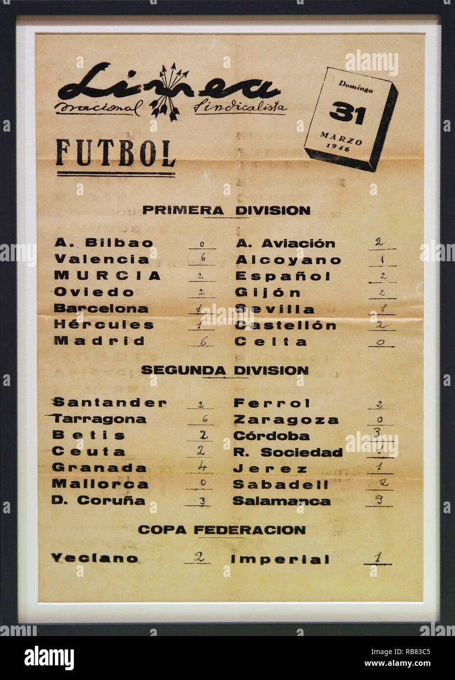 La Liga espagnole de football 1946 affiche de soccer.Primera Division.Segunda division.Copa Federacion. Banque D'Images