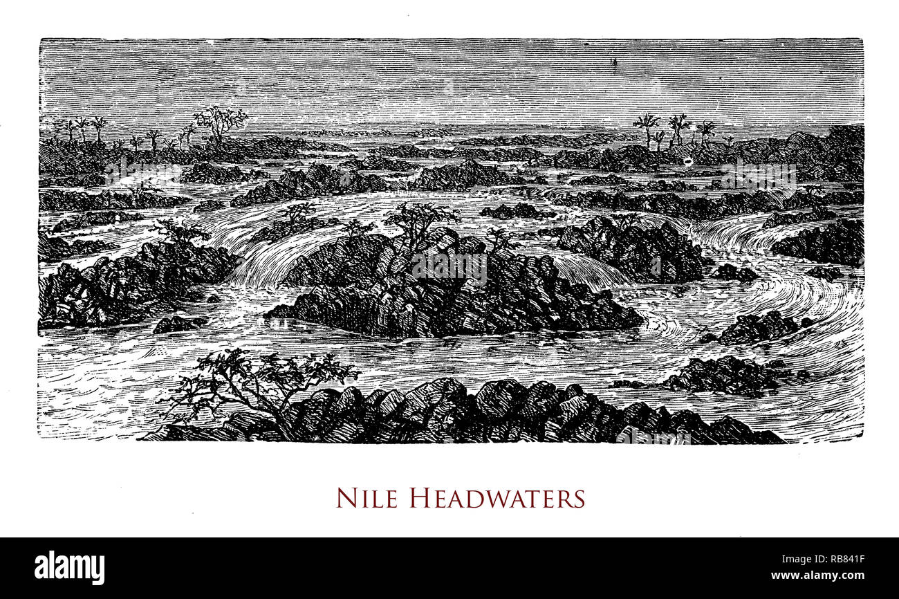 Vintage gravure du cours supérieur du Nil, le plus long fleuve du monde, situé juste au sud de l'équateur dans le centre-est de l'Afrique, Banque D'Images