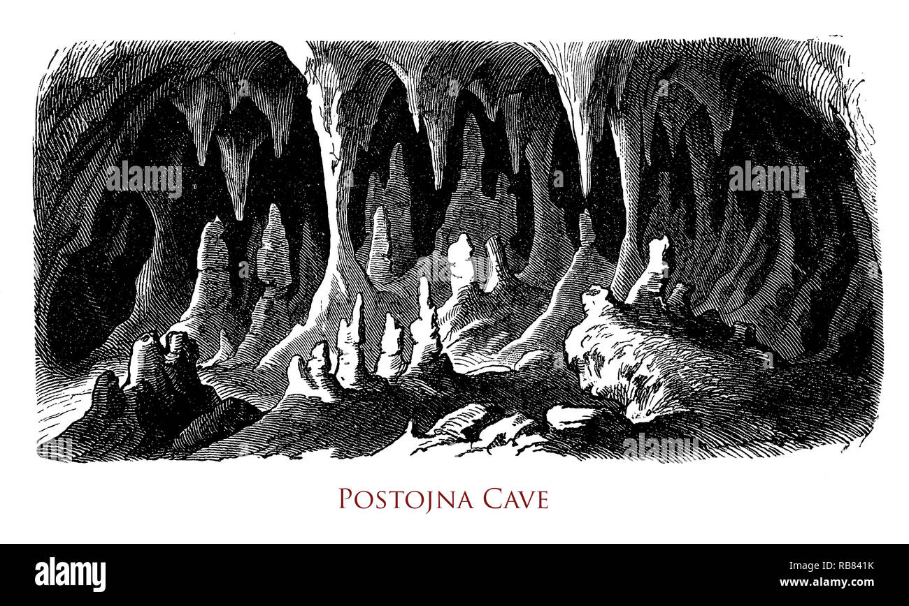 Vintage gravure de la grotte de Postojna, Slovénie karst longue caverne créé par la rivière Pivka. Banque D'Images