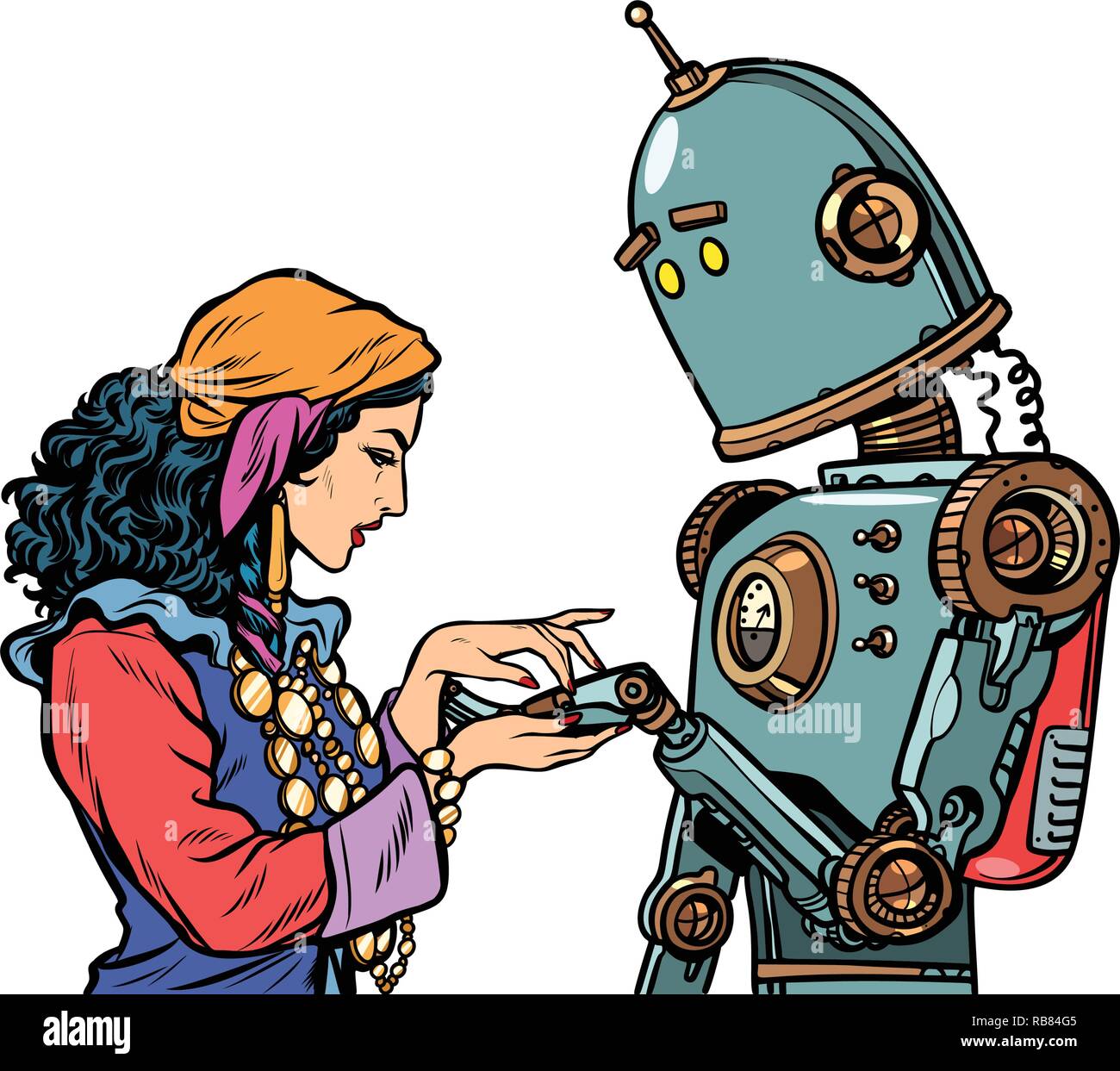Un Gypsy fortune dit par la main. Le robot veut connaître l'amour. Pop art retro vintage kitsch vector illustration Illustration de Vecteur