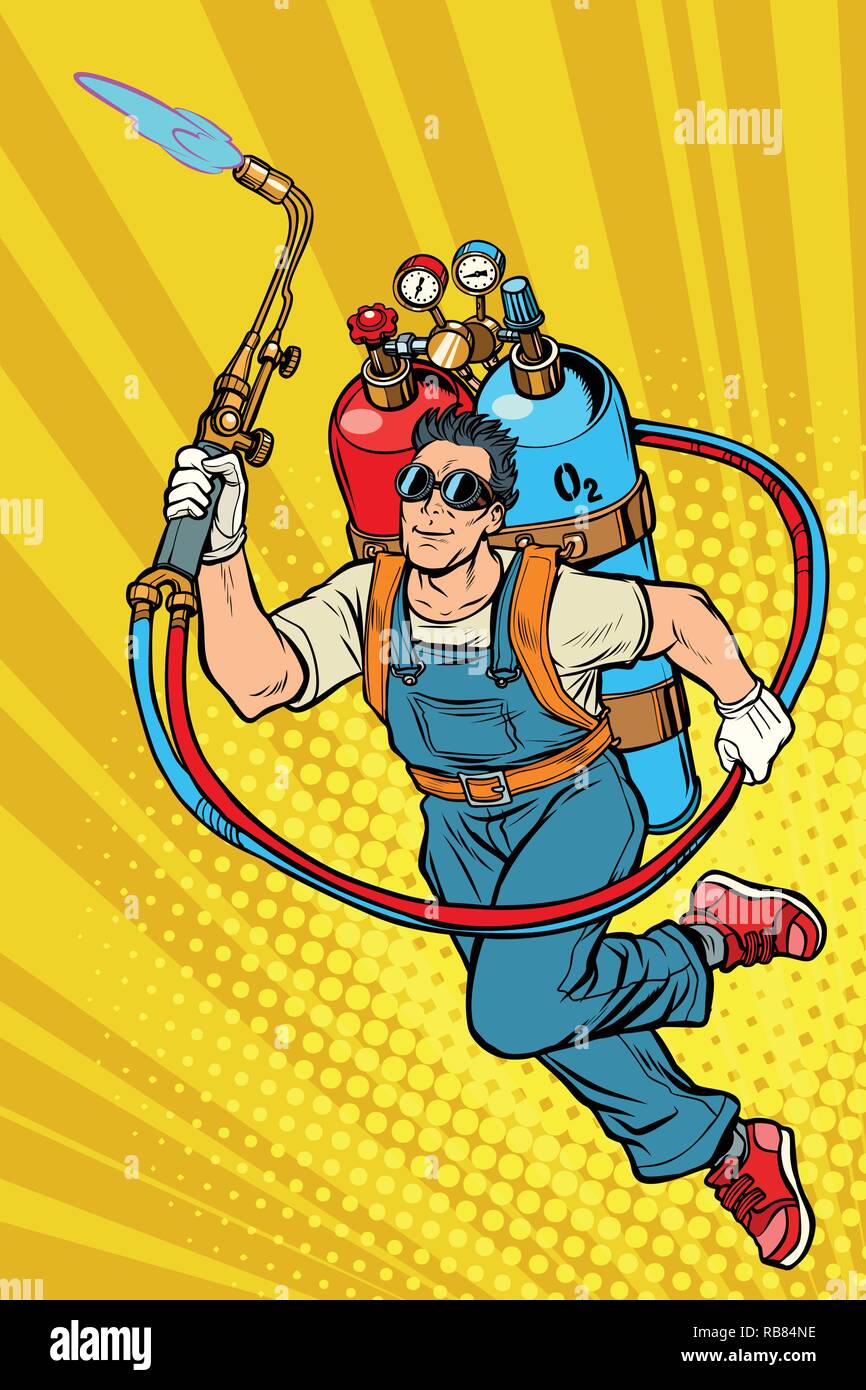 Travailleur professionnel soudeur. super héros avec des bouteilles de gaz. Pop art retro vintage kitsch vector illustration Illustration de Vecteur