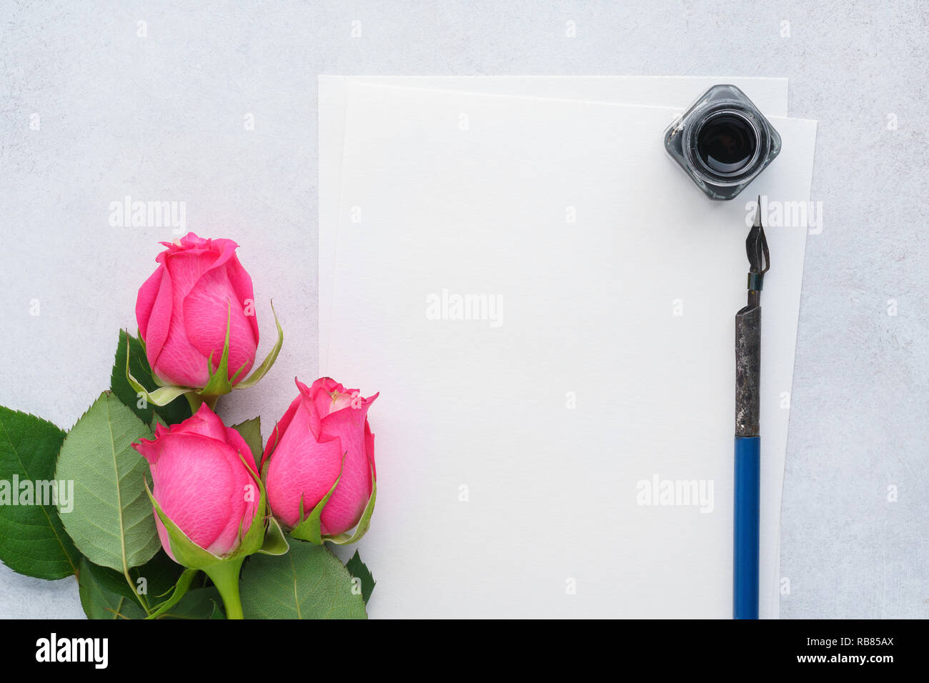 Liste vide de papier, rose roses, plume et encre. lettre d'amour pour la Saint-Valentin. Vue d'en haut. Banque D'Images