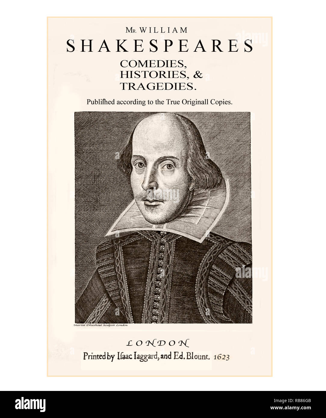 Page de titre du premier Folio de Shakespeare nettoyé et re-set Banque D'Images