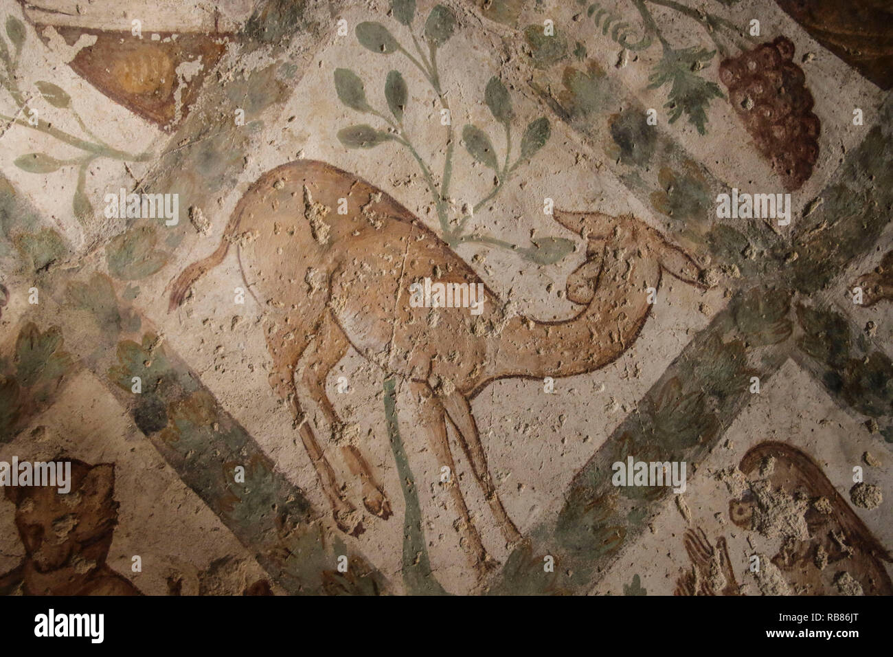 Fragment de la fresque romaine décoration murale à un ancien château du désert Qasr Amra, près d'Amman, en Jordanie. Banque D'Images