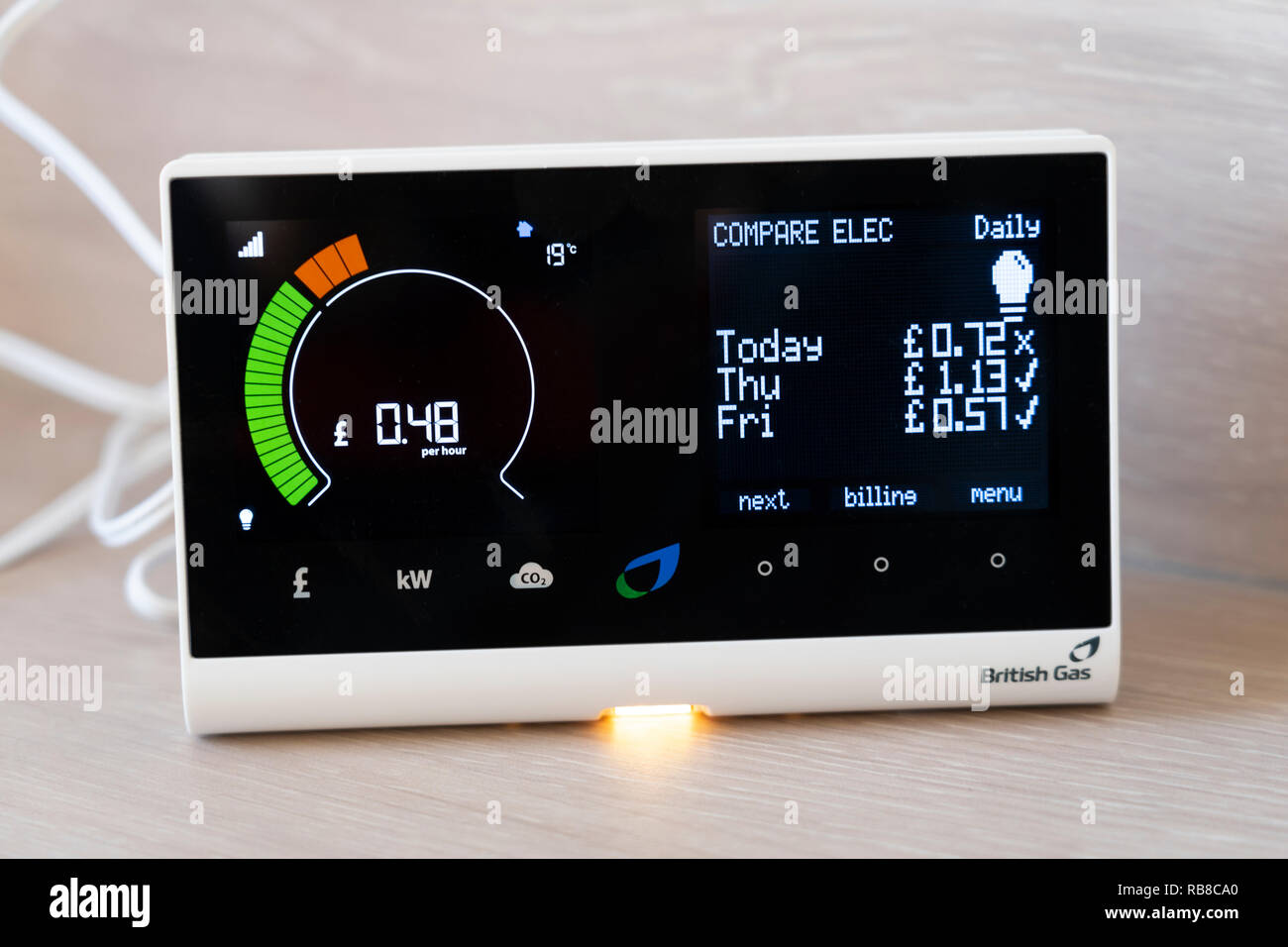 Un compteur intelligent de gaz britannique dans une maison montrant la consommation d'électricité par heure et par rapport à l'utilisation des jours précédents. ROYAUME-UNI Banque D'Images