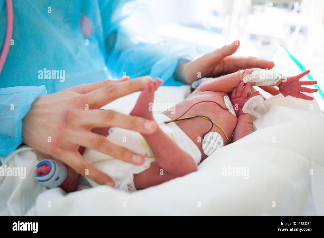 Une infirmière prend soin de pépinière d'un bébé prématuré. L'hôpital. Aix en Provence. Banque D'Images