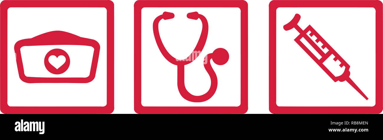 Recherche et offres emploi infirmière à icônes hat, stéthoscope et d'injection Banque D'Images