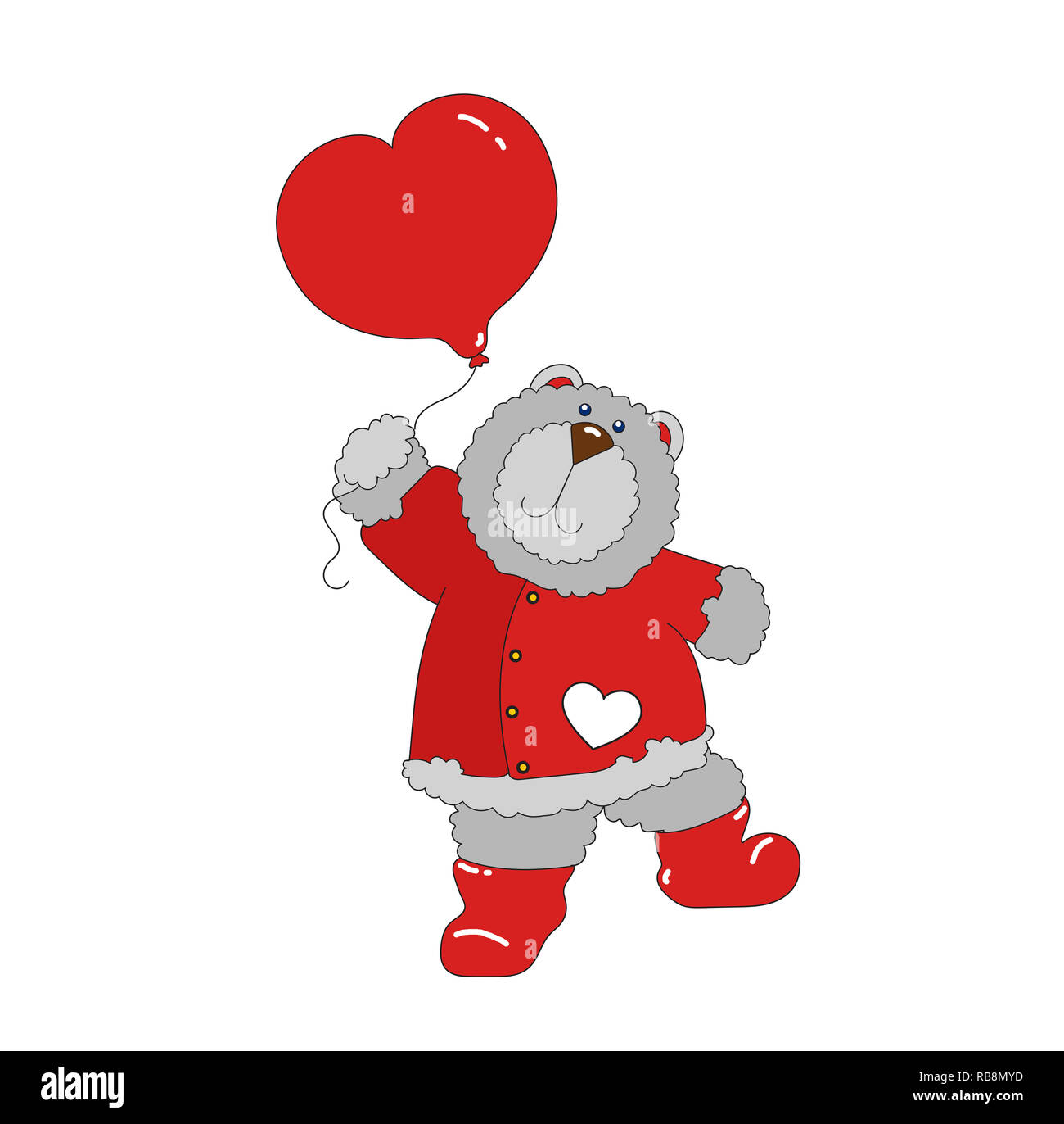 Illustration d'un ours gris vêtu d'un manteau rouge avec un coeur et des bottes de caoutchouc poche tenant un ballon en forme de coeur sur un fond blanc. Banque D'Images