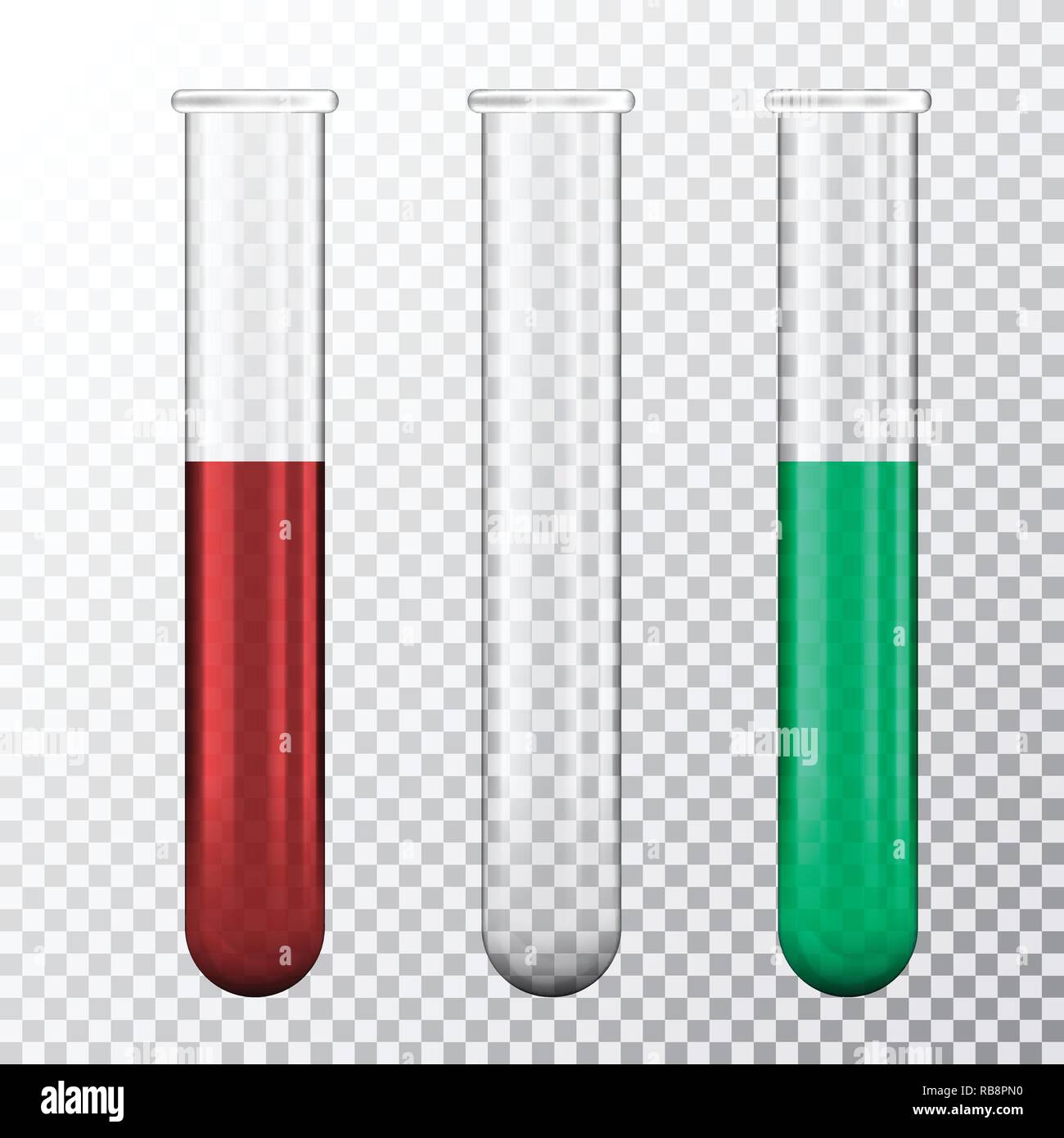 Ensemble d'illustration réaliste de trois tube à essai avec sang rouge ou vert, liquide isolé sur fond transparent - vector Illustration de Vecteur