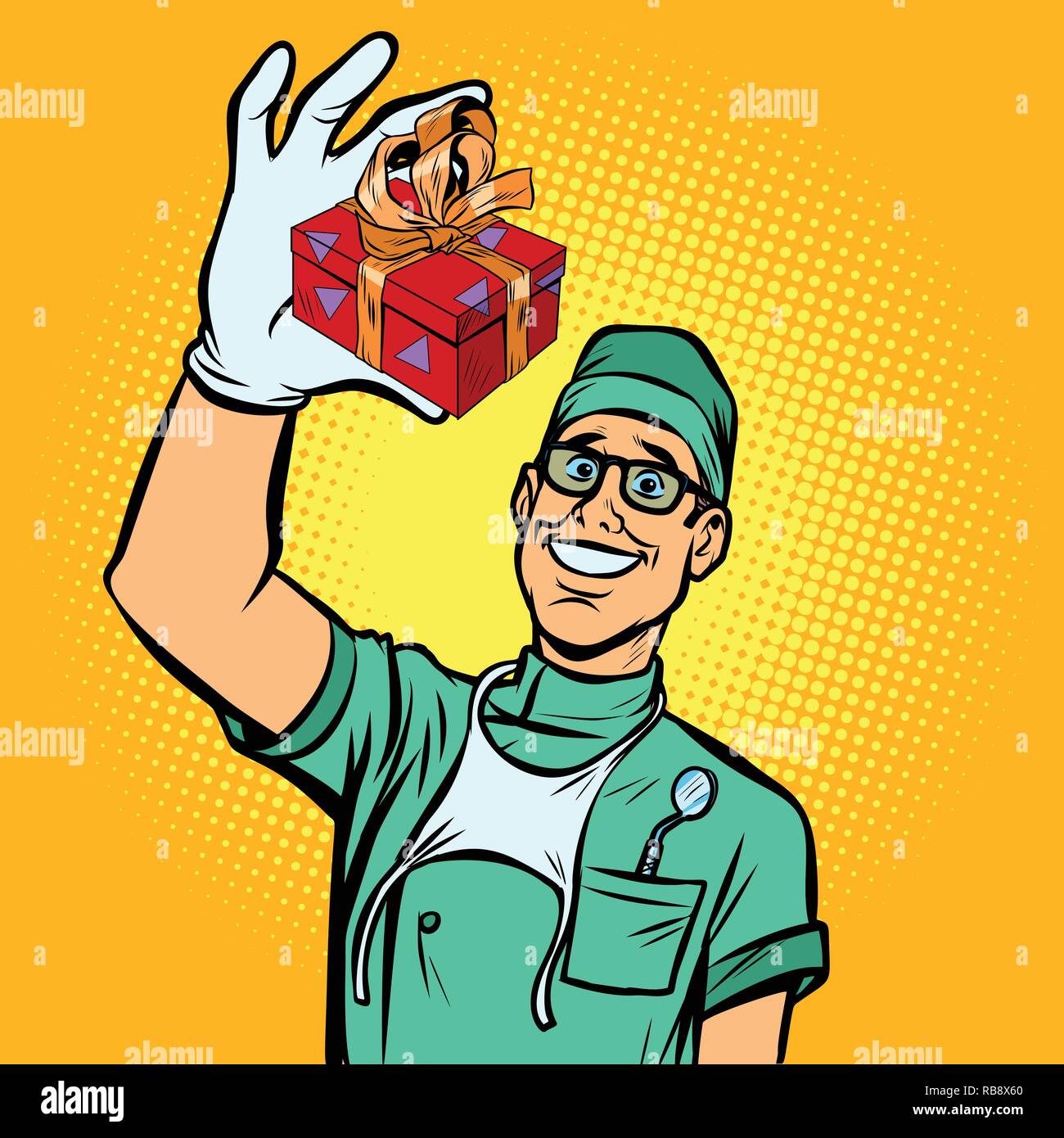 Dentiste avec un cadeau. Nouvel implant. Comic cartoon retro pop art dessin illustration vectorielle Illustration de Vecteur