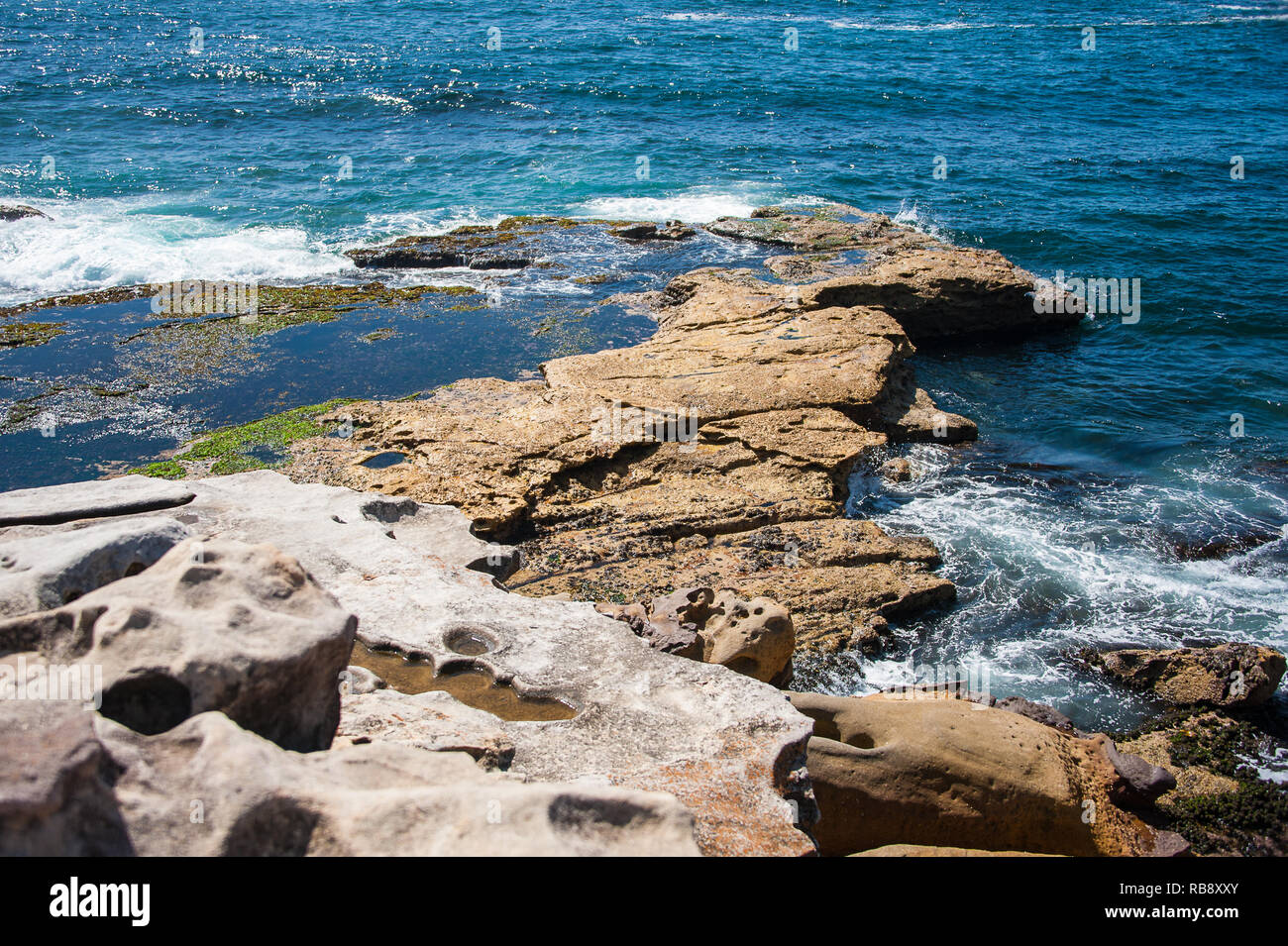 Scène côtière, Sydney, Nouvelle-Galles du Sud, Australie. Des rochers colorés formées par l'érosion du vent et de la mer. contraste avec le surf et la mer turquoise Banque D'Images
