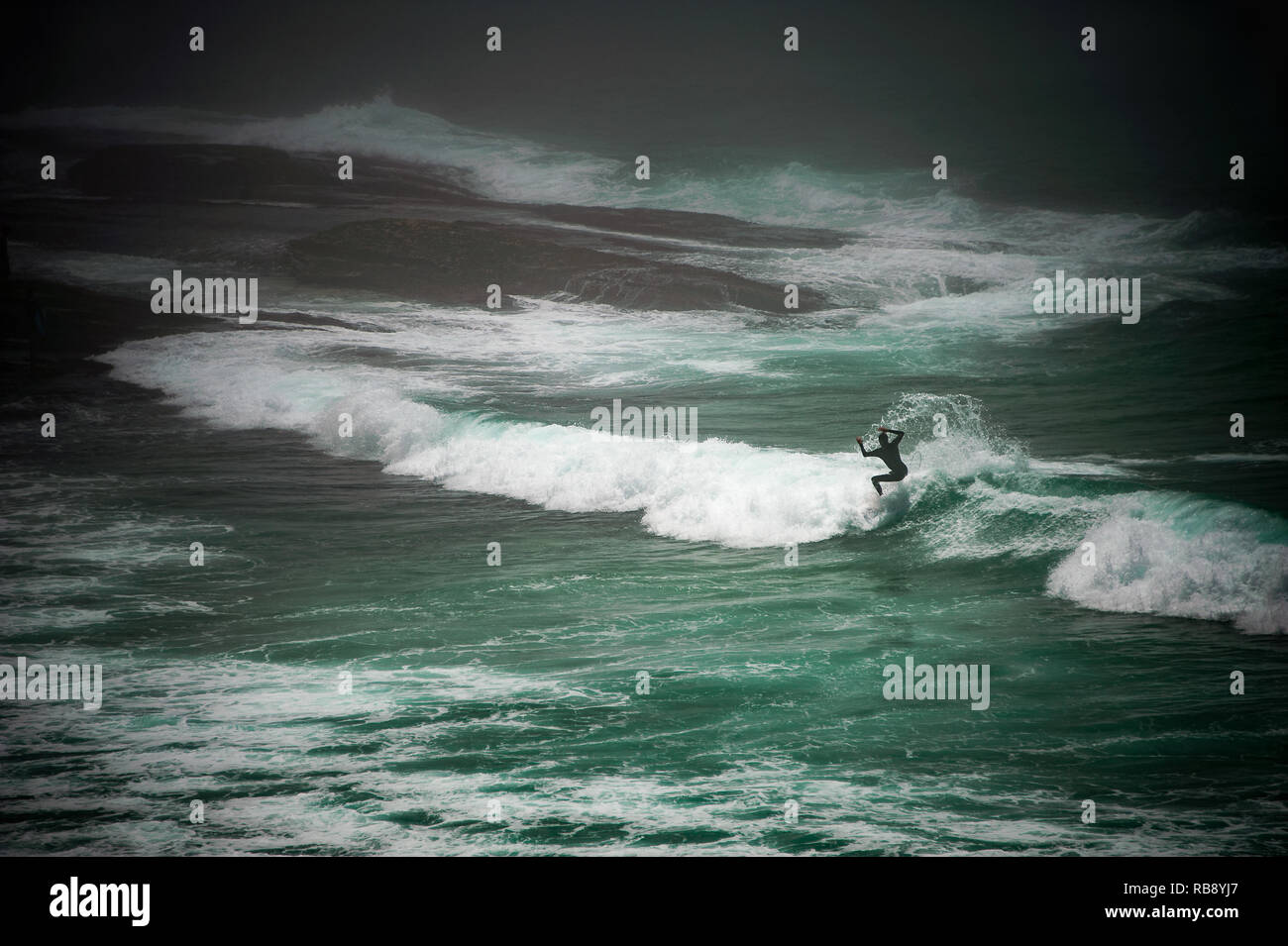 Lone surfer les vagues d'équitation à Bondi Beach, Sydney, Australie. Paysage marin spectaculaire avec brouillard étrange enveloppant la scène Banque D'Images